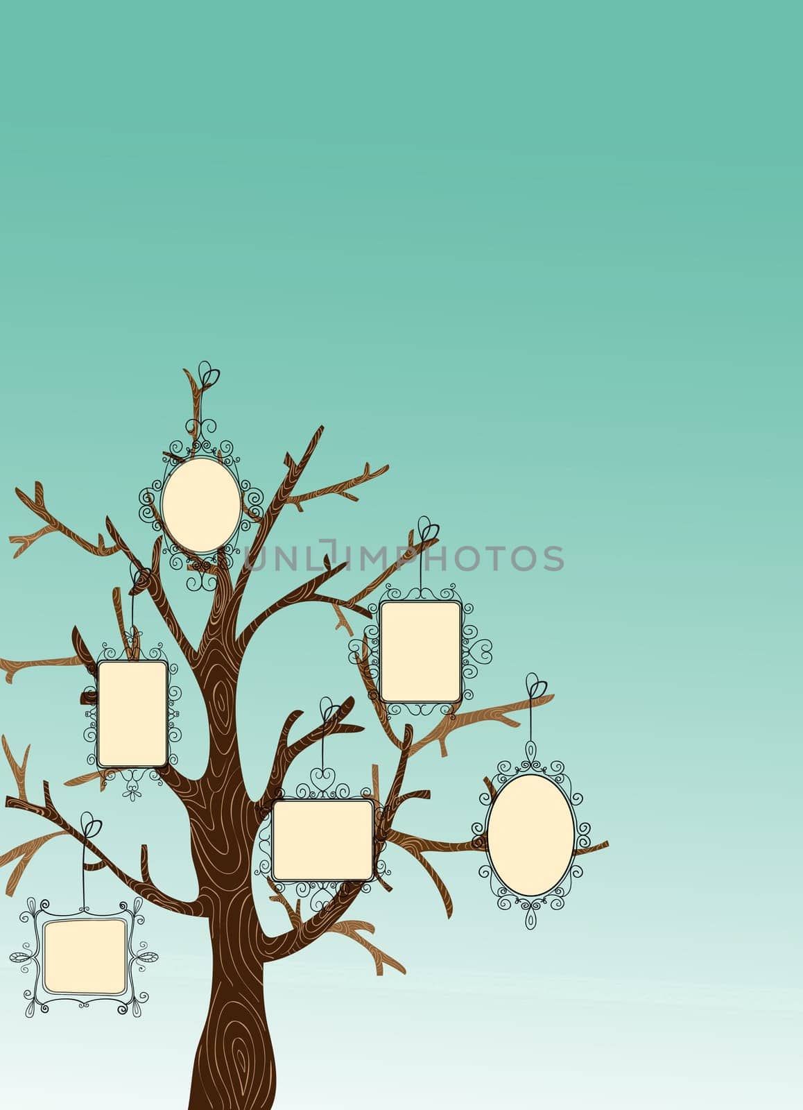 Family concept tree with hanging photo frames leaves. Vector file layered for easy manipulation and custom coloring.
