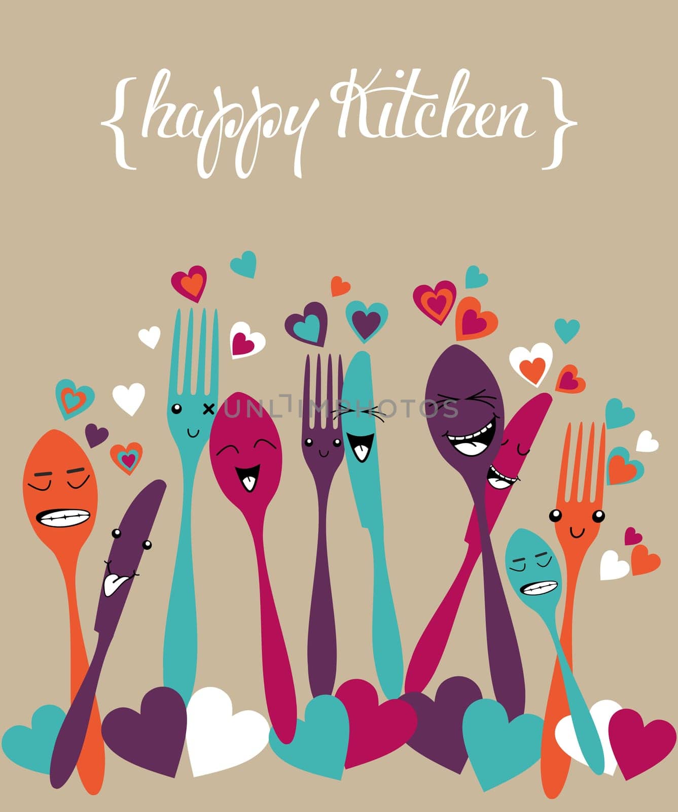 Colorful cute cutlery cartoon background. Vector file layered for easy manipulation and custom coloring.