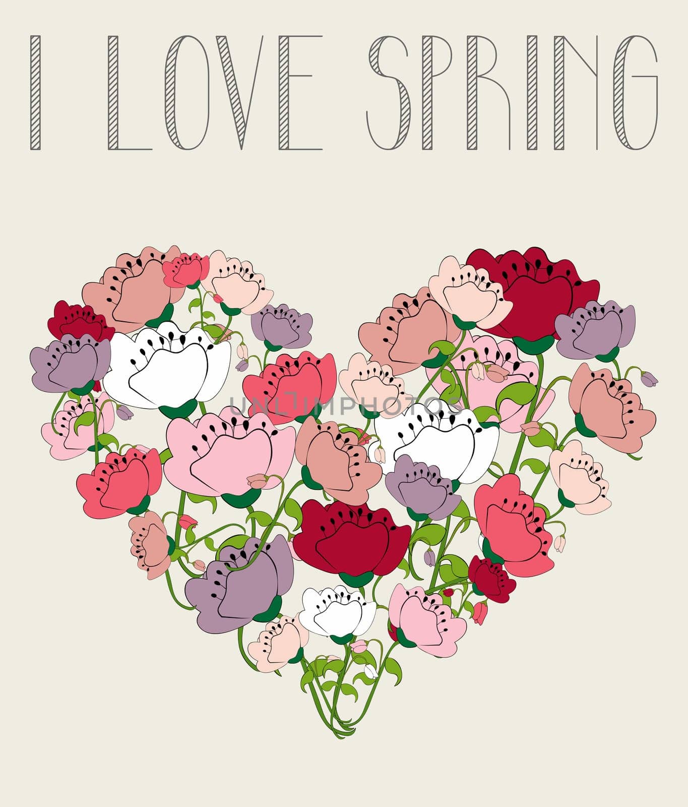 Love springtime poppy flowers on heart icon shape background.Vector illustration layered for easy manipulation and custom coloring.