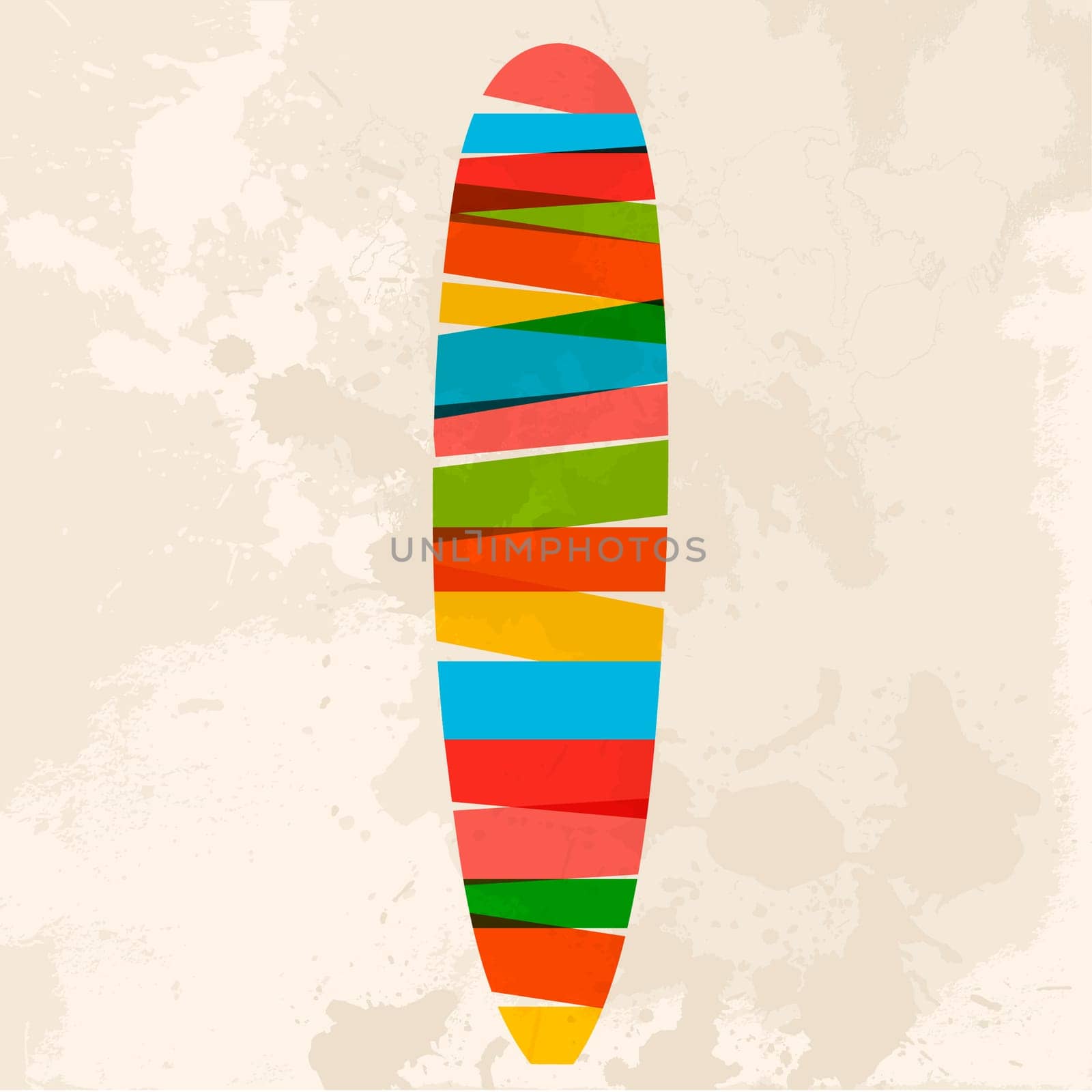 Diversity colors transparent bands surfboard over grunge background. EPS10 file version. This illustration contains transparency and is layered for easy manipulation and custom coloring.
