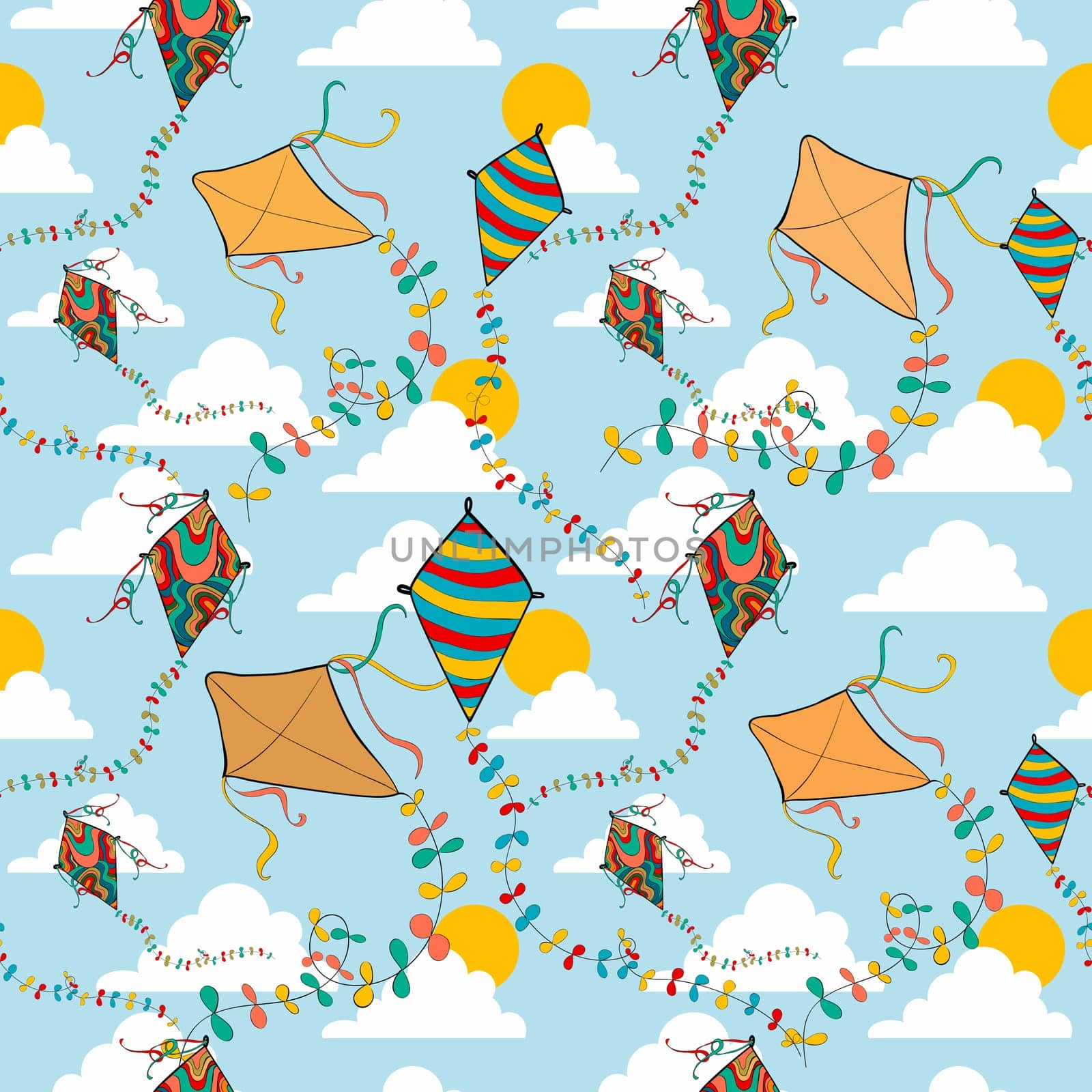 Vibrant colors spring flying kite seamless pattern. Vector file layered for easy manipulation and custom coloring.