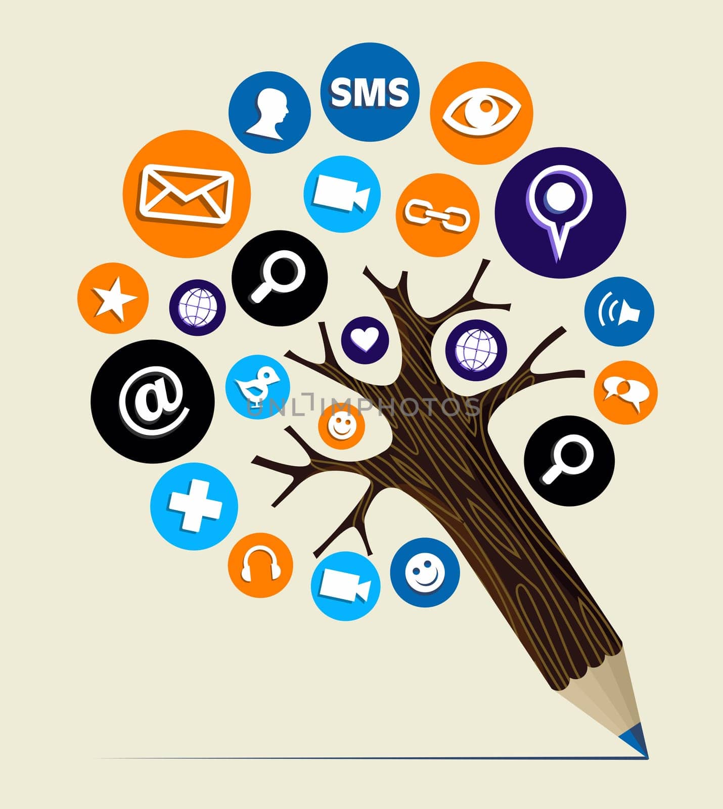 Multimedia internet marketing icons concept pencil tree. Vector illustration layered for easy manipulation and custom coloring.