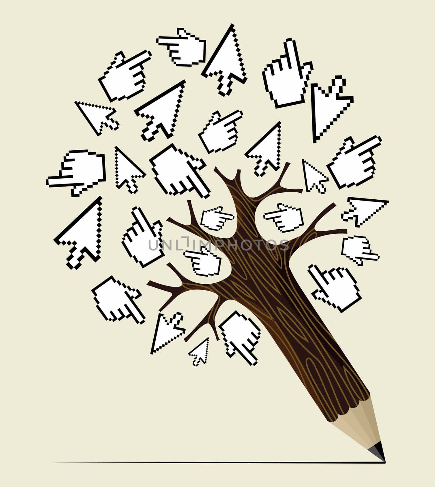 Mouse over click hand and arrow concept pencil tree. Vector illustration layered for easy manipulation and custom coloring.