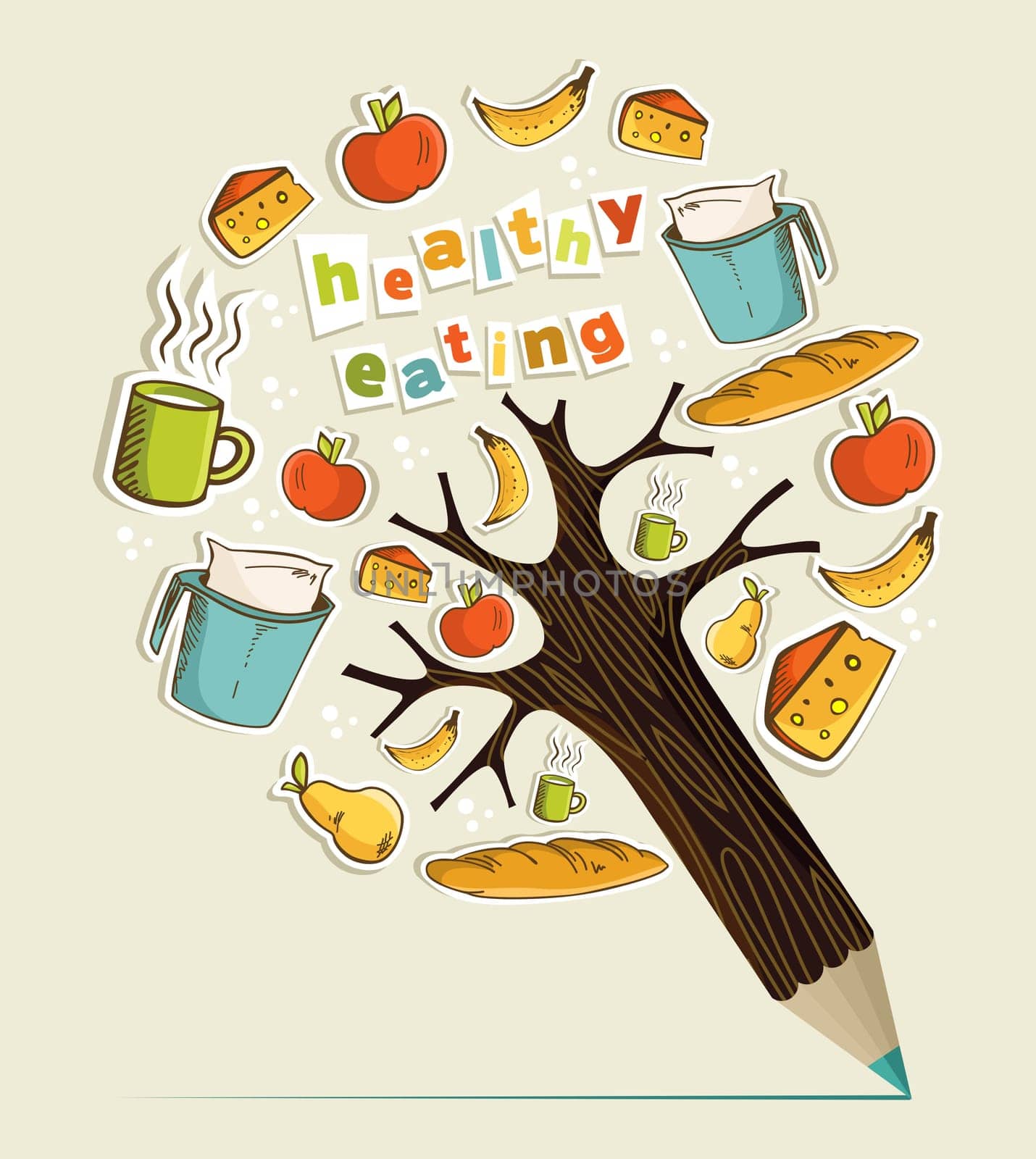 Healthy food eating concept pencil tree. Vector illustration layered for easy manipulation and custom coloring.