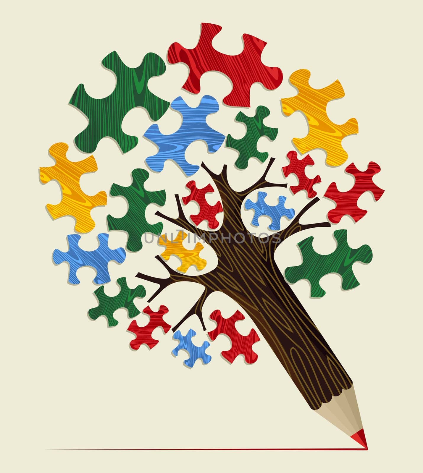 Strategy puzzle piece concept pencil tree. Vector illustration layered for easy manipulation and custom coloring.