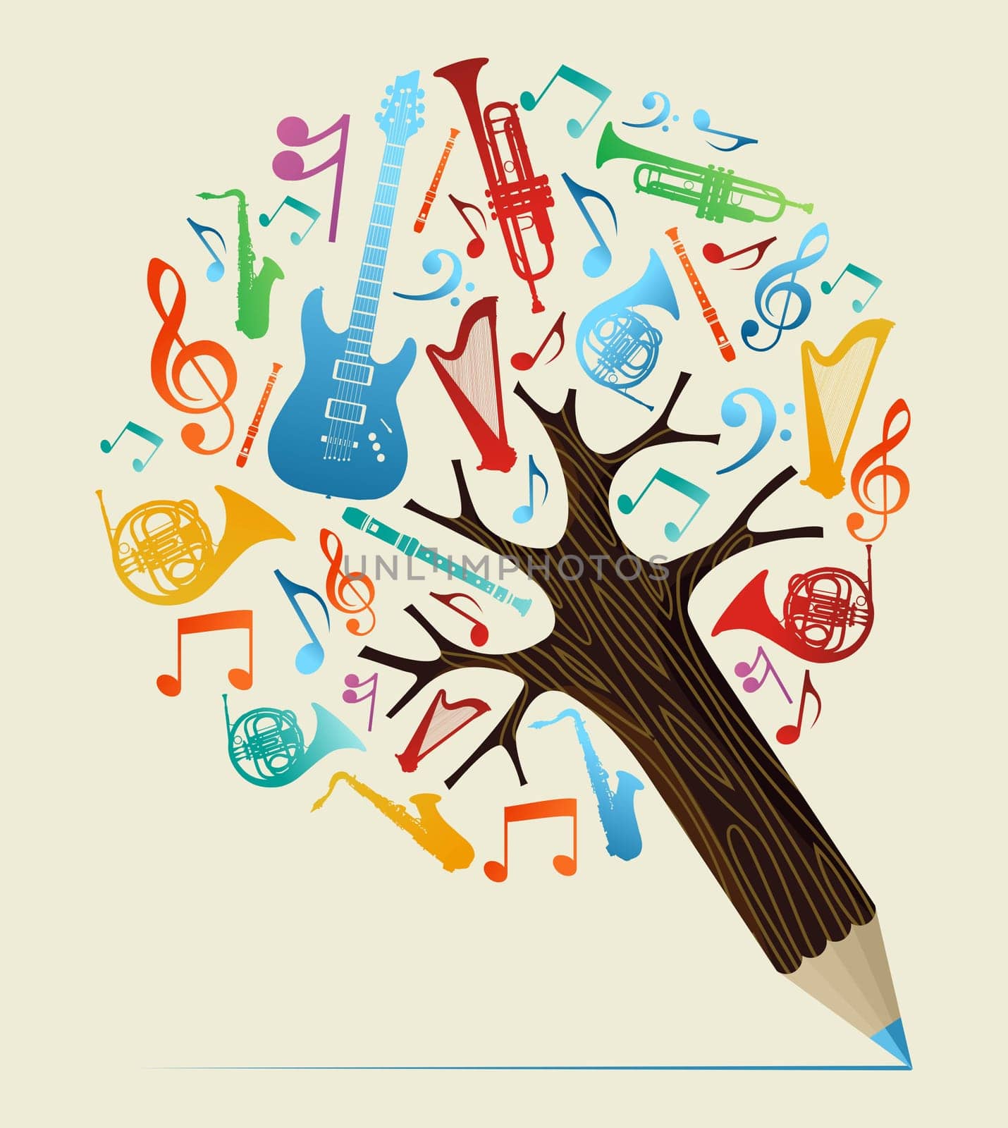 Music study design pencil tree. Vector illustration layered for easy manipulation and custom coloring.