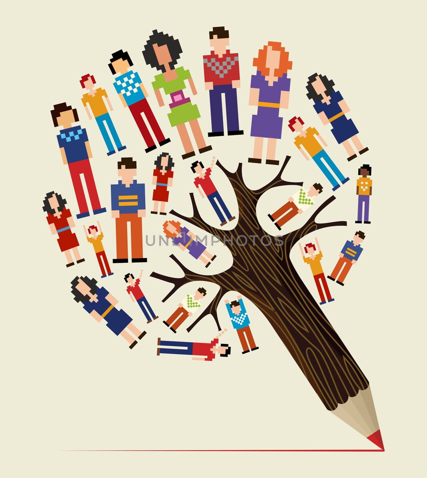 Diversity social media networks pixel people concept pencil tree. Vector illustration layered for easy manipulation and custom coloring.