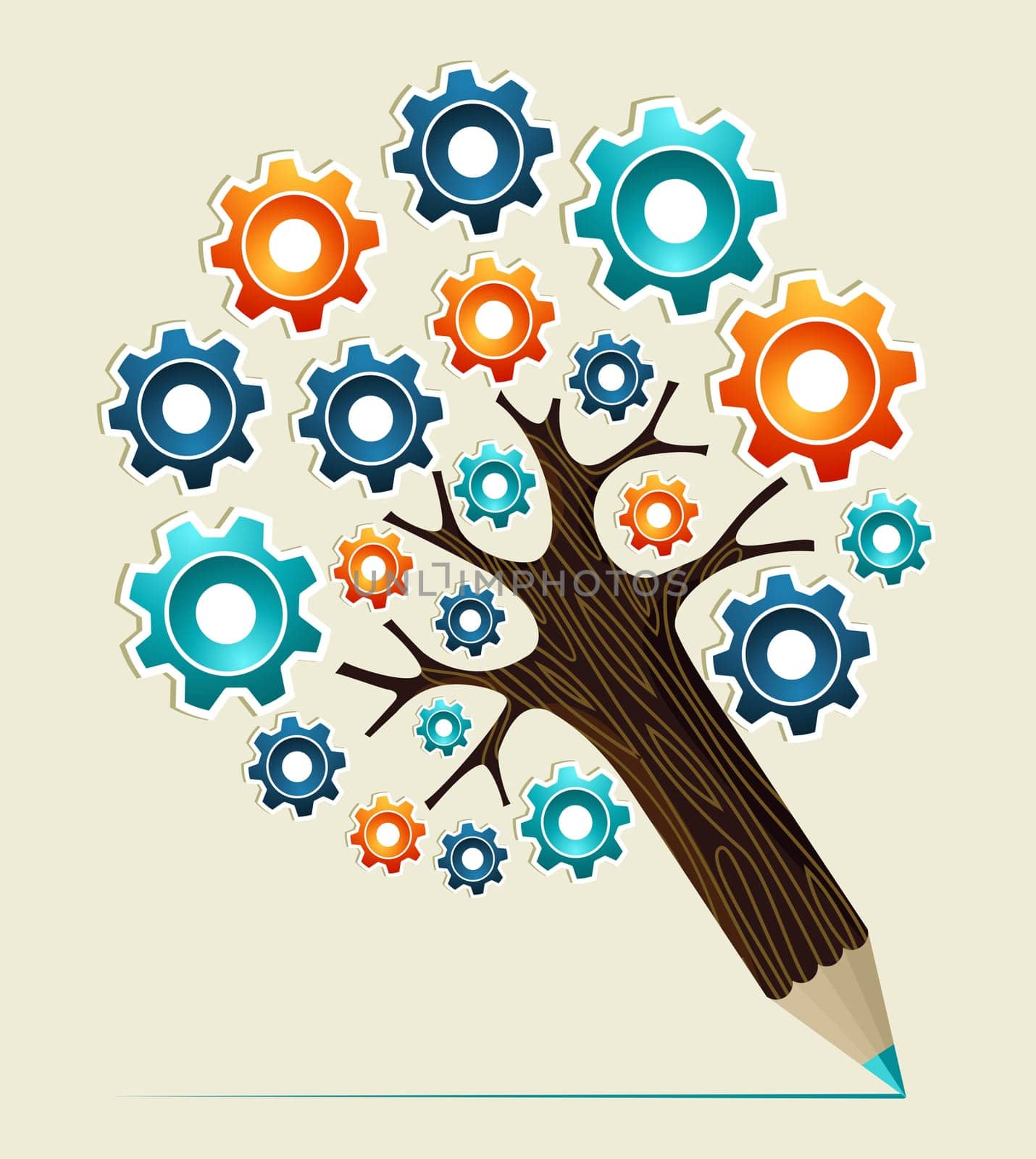 Cog wheel colorful concept pencil tree design. Vector illustration layered for easy manipulation and custom coloring.