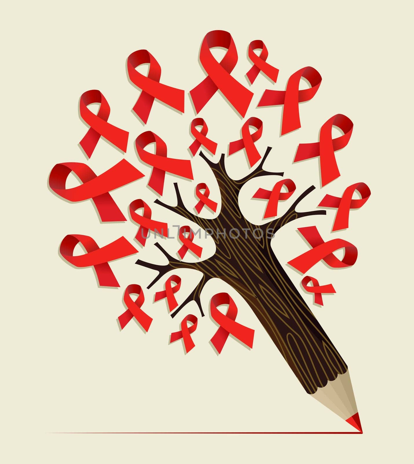 Cancer care ribbons concept pencil tree. Vector illustration layered for easy manipulation and custom coloring.