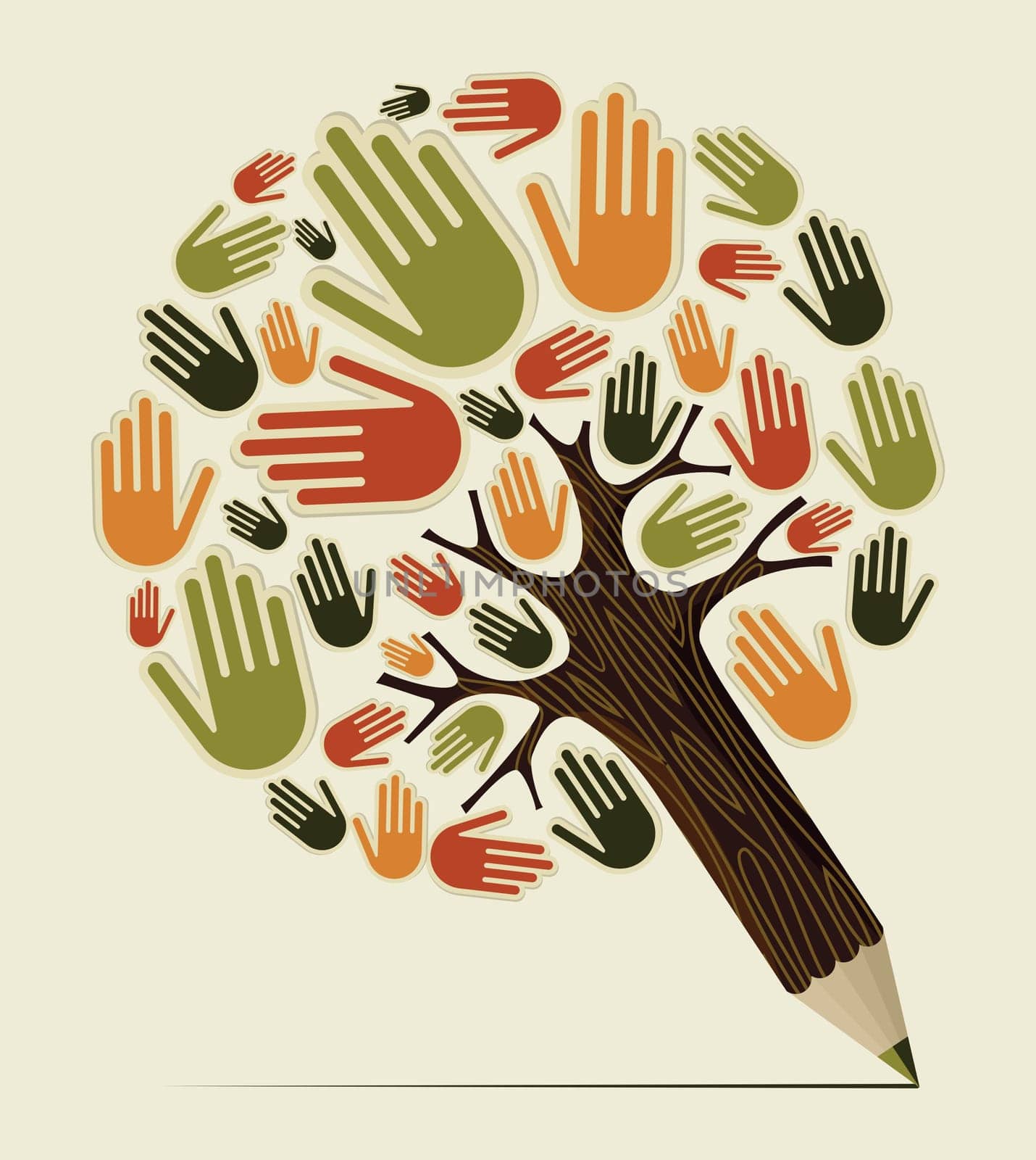 Diversity people hand concept pencil tree. Vector illustration layered for easy manipulation and custom coloring.