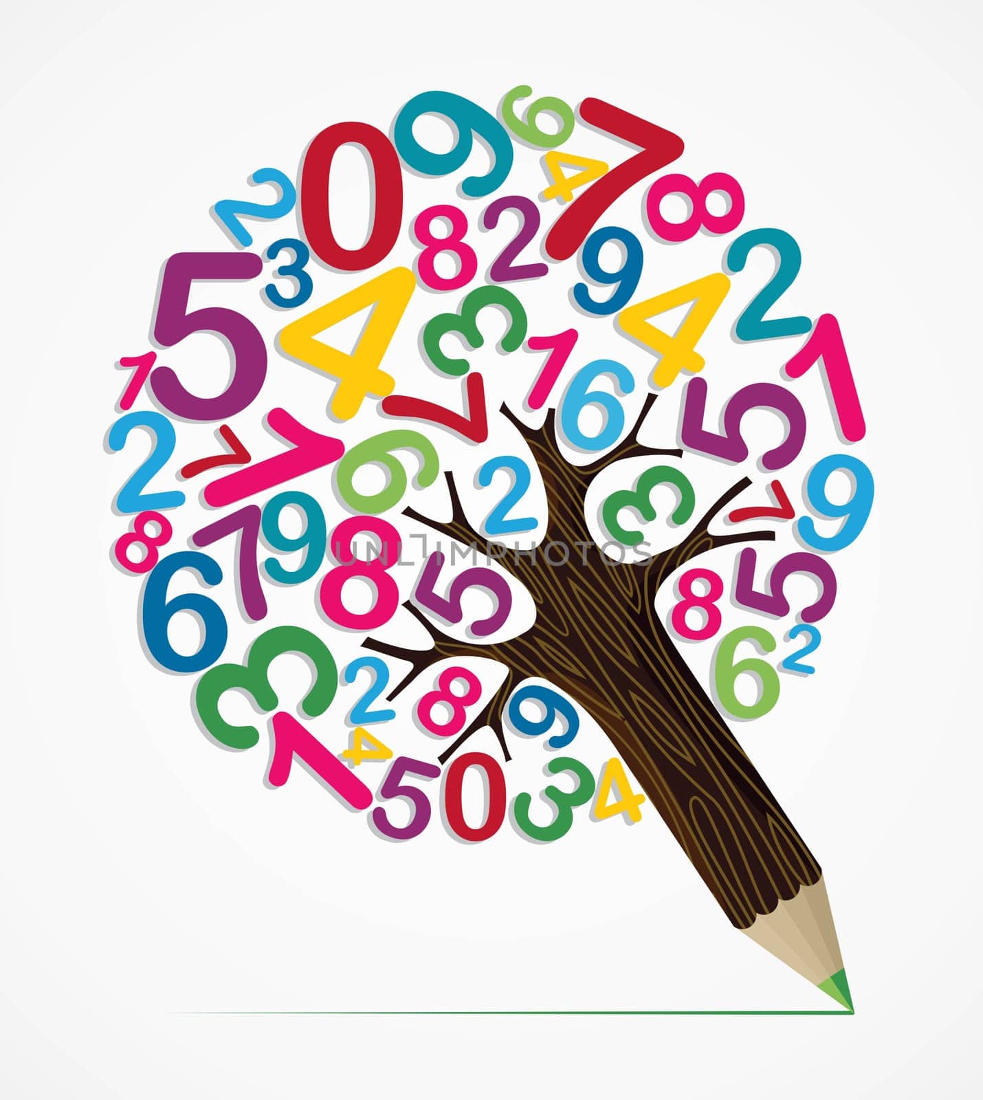 Collection of numbers concept pencil tree design. Vector illustration layered for easy manipulation and custom coloring.