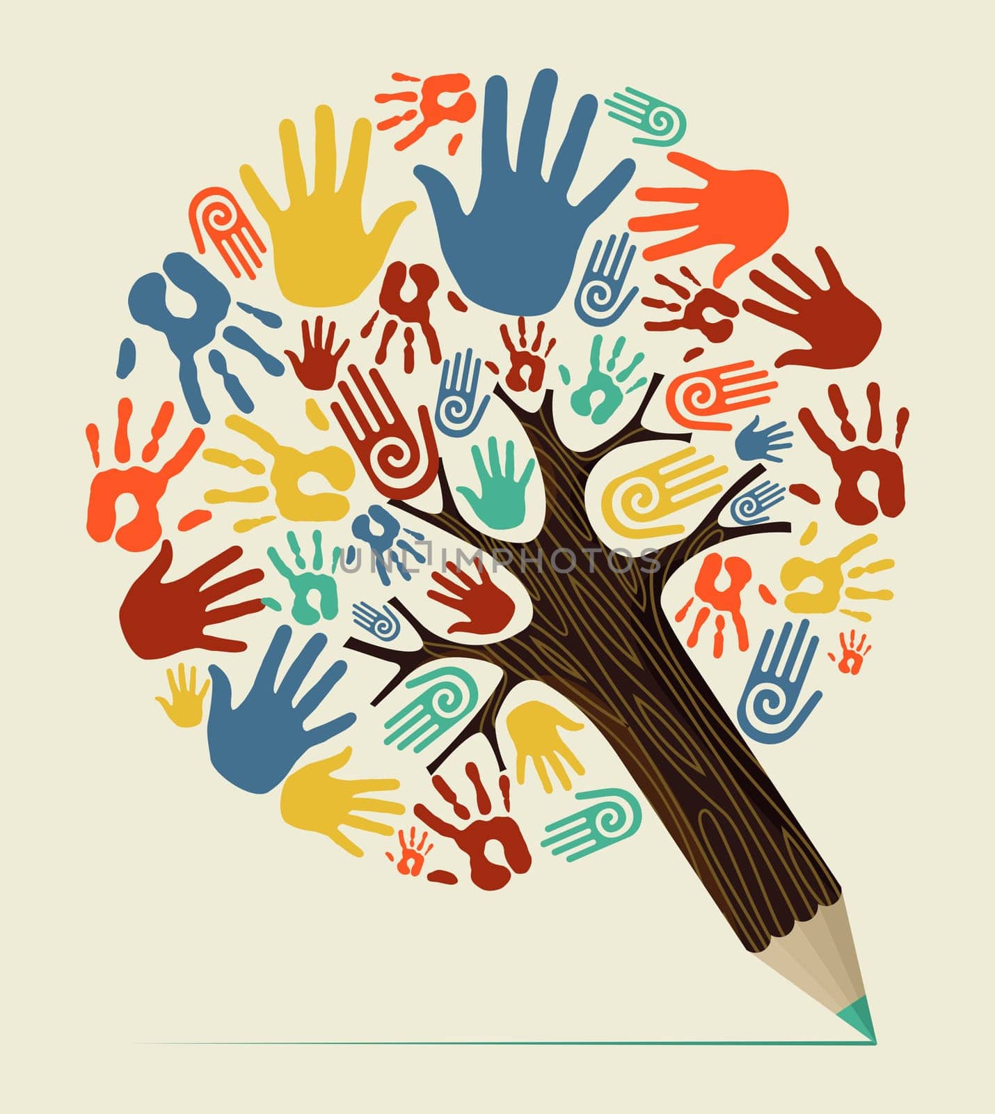 Diversity people hand concept pencil tree. Vector illustration layered for easy manipulation and custom coloring.