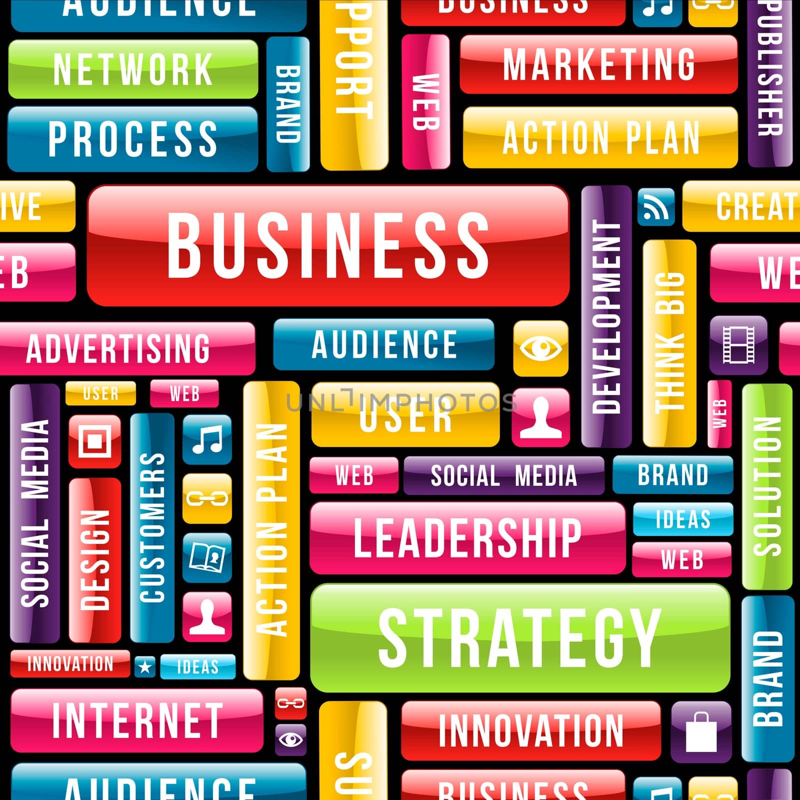Business strategy concept seamless pattern composition with glossy web buttons. Vector illustration layered for easy manipulation and custom coloring.