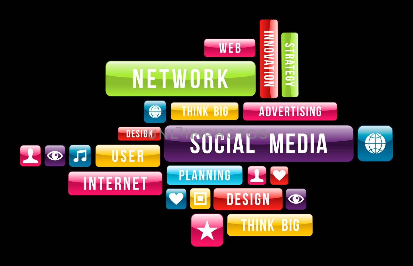 Social networks Internet cloud composition with glossy web buttons. Vector illustration layered for easy manipulation and custom coloring.