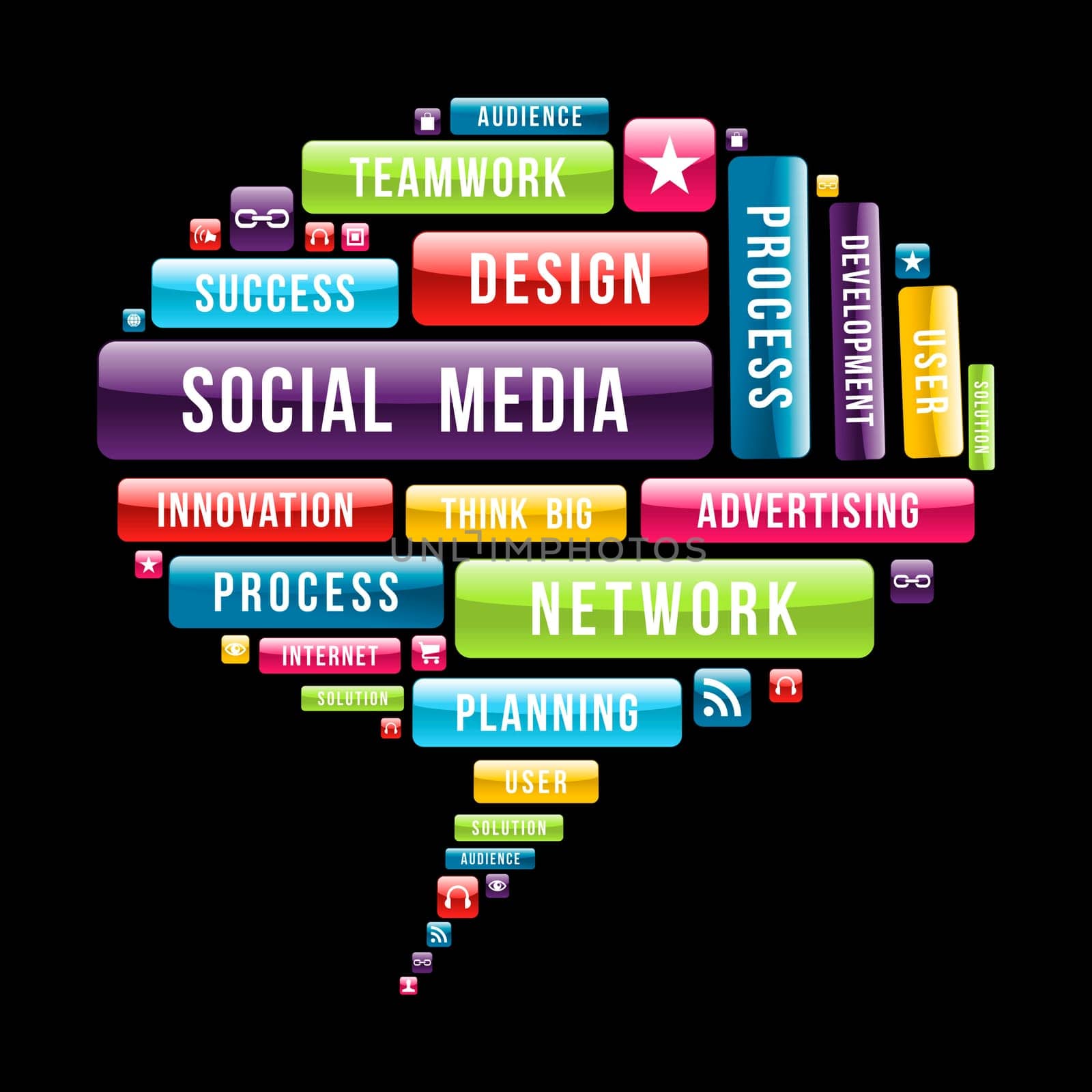 Social media speech bubble composition with glossy web buttons. Vector illustration layered for easy manipulation and custom coloring.
