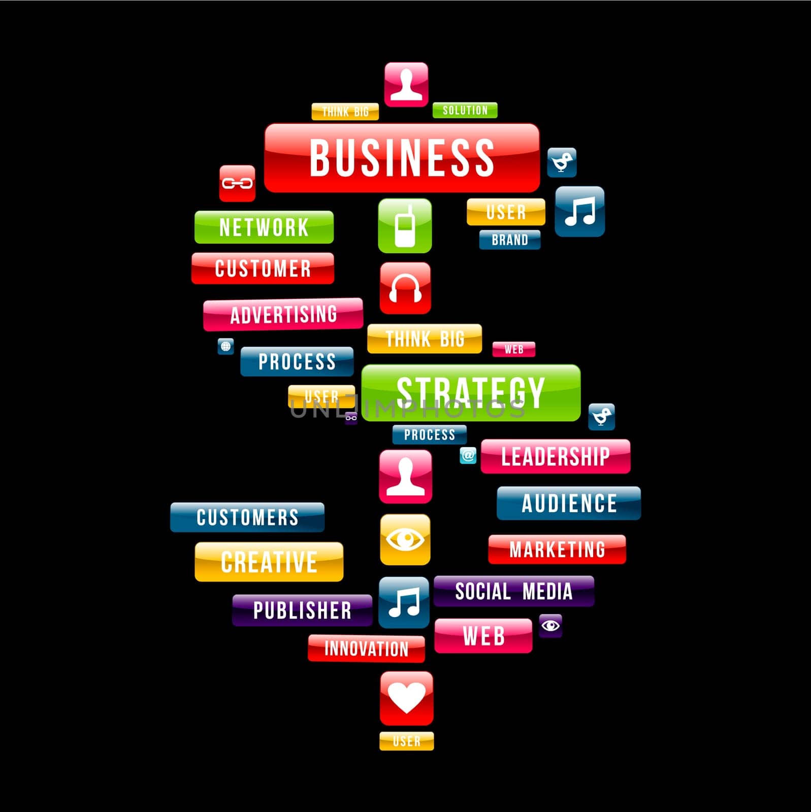 Business strategy money sign composition with glossy web buttons. Vector illustration layered for easy manipulation and custom coloring.