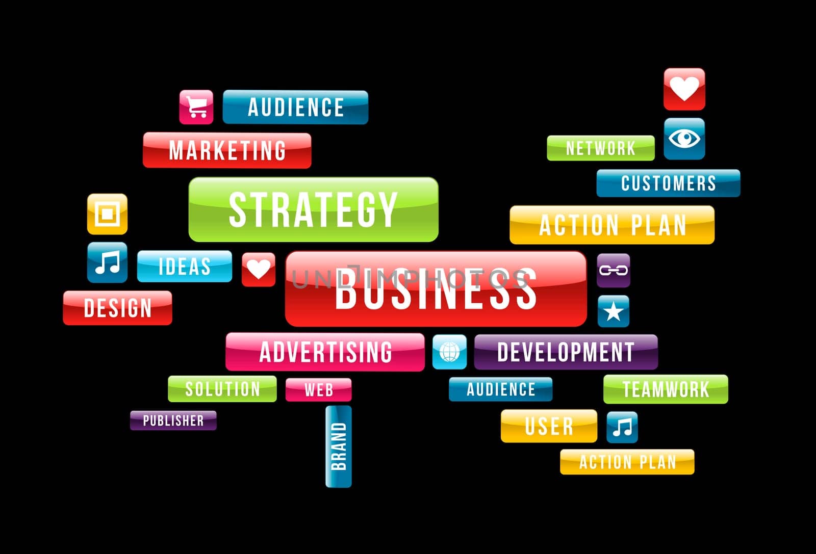 Business strategy cloud composition with glossy web buttons. Vector illustration layered for easy manipulation and custom coloring.