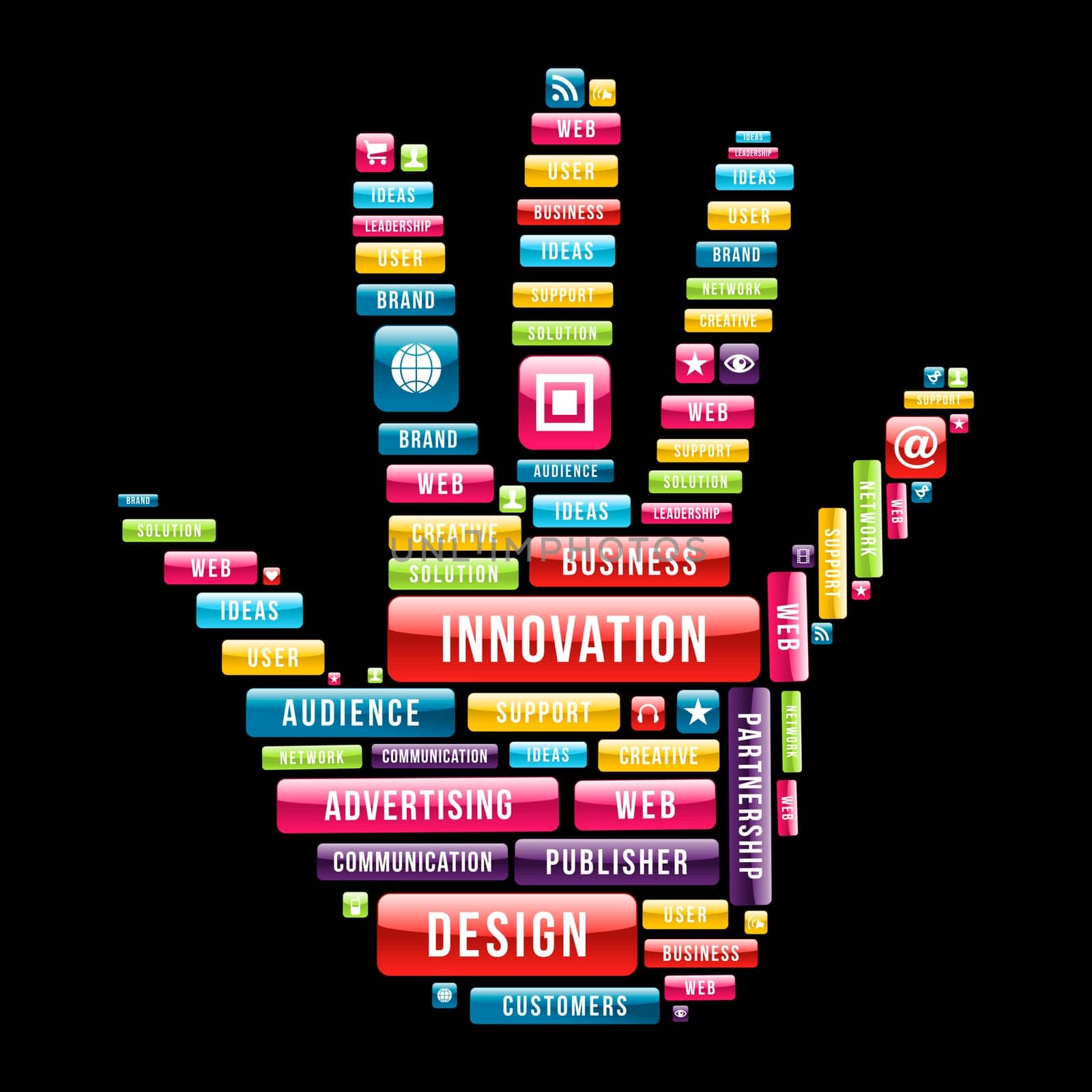 Innovation design hand composition with glossy web buttons. Vector illustration layered for easy manipulation and custom coloring.