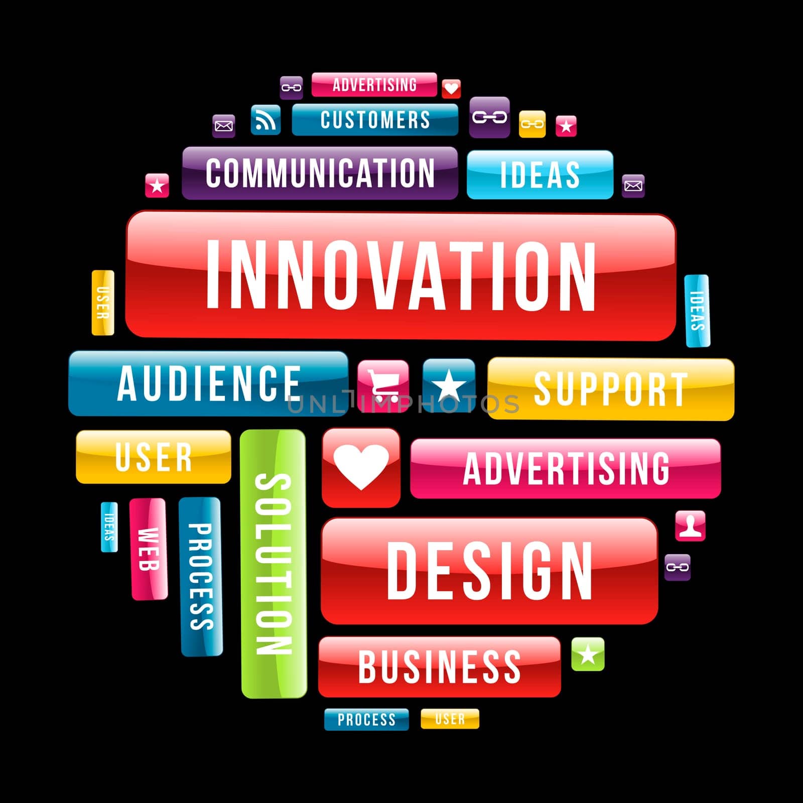 Innovation design business circle composition with glossy web buttons. Vector illustration layered for easy manipulation and custom coloring.