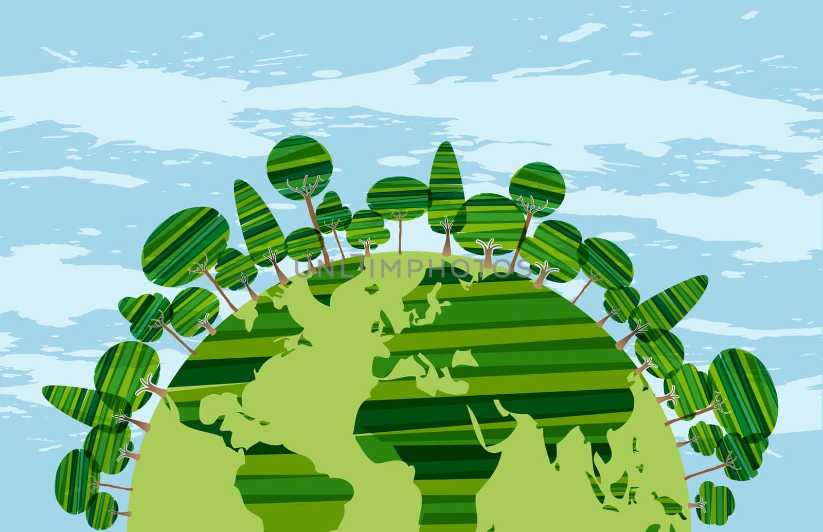 Green stripes word full of trees concept over sky blue grunge background . Vector file layered for easy manipulation and custom coloring.