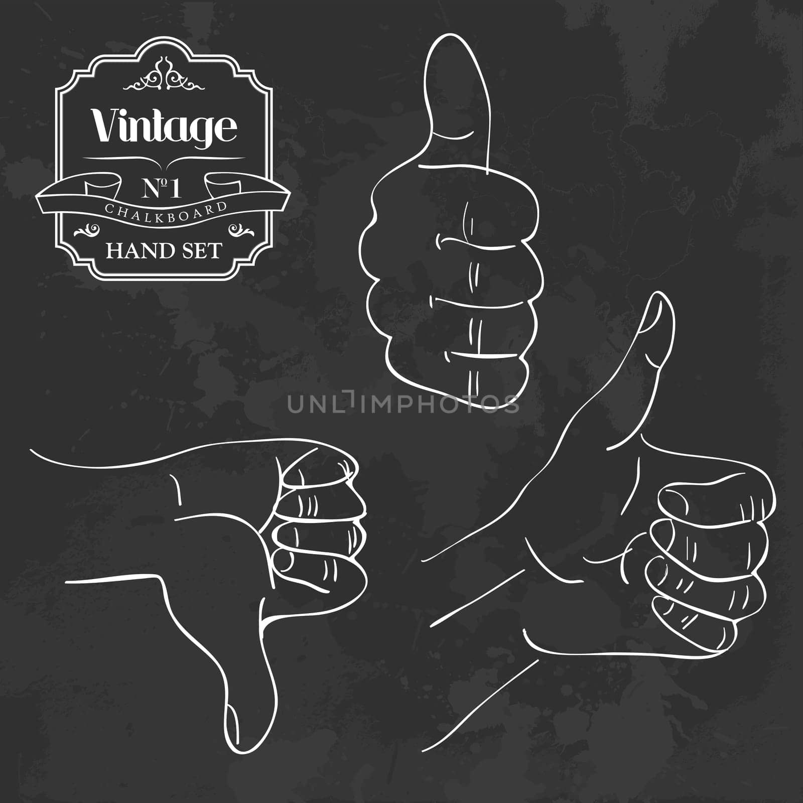 Retro blackboard OK thumb up and down hand gesture set. Vector illustration layered for easy manipulation and custom coloring.