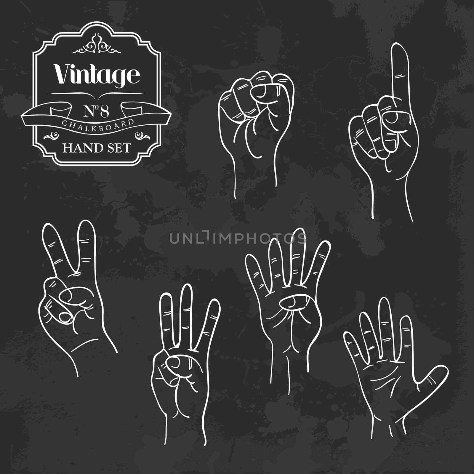 Retro blackboard set with counting hands gestures set. Vector illustration layered for easy manipulation and custom coloring.