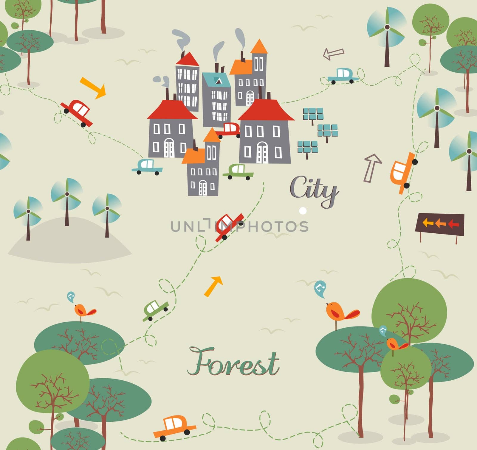 Trendy go green city seamless pattern set. Vector illustration layered for easy manipulation and custom coloring.