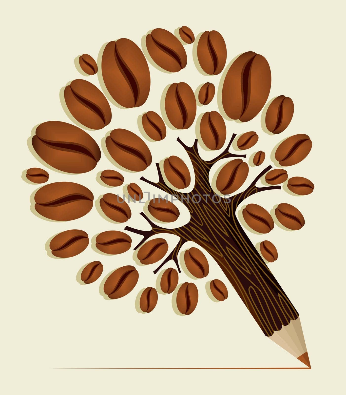 Coffee Beans pencil tree wood textured. Vector file layered for easy manipulation and custom coloring.