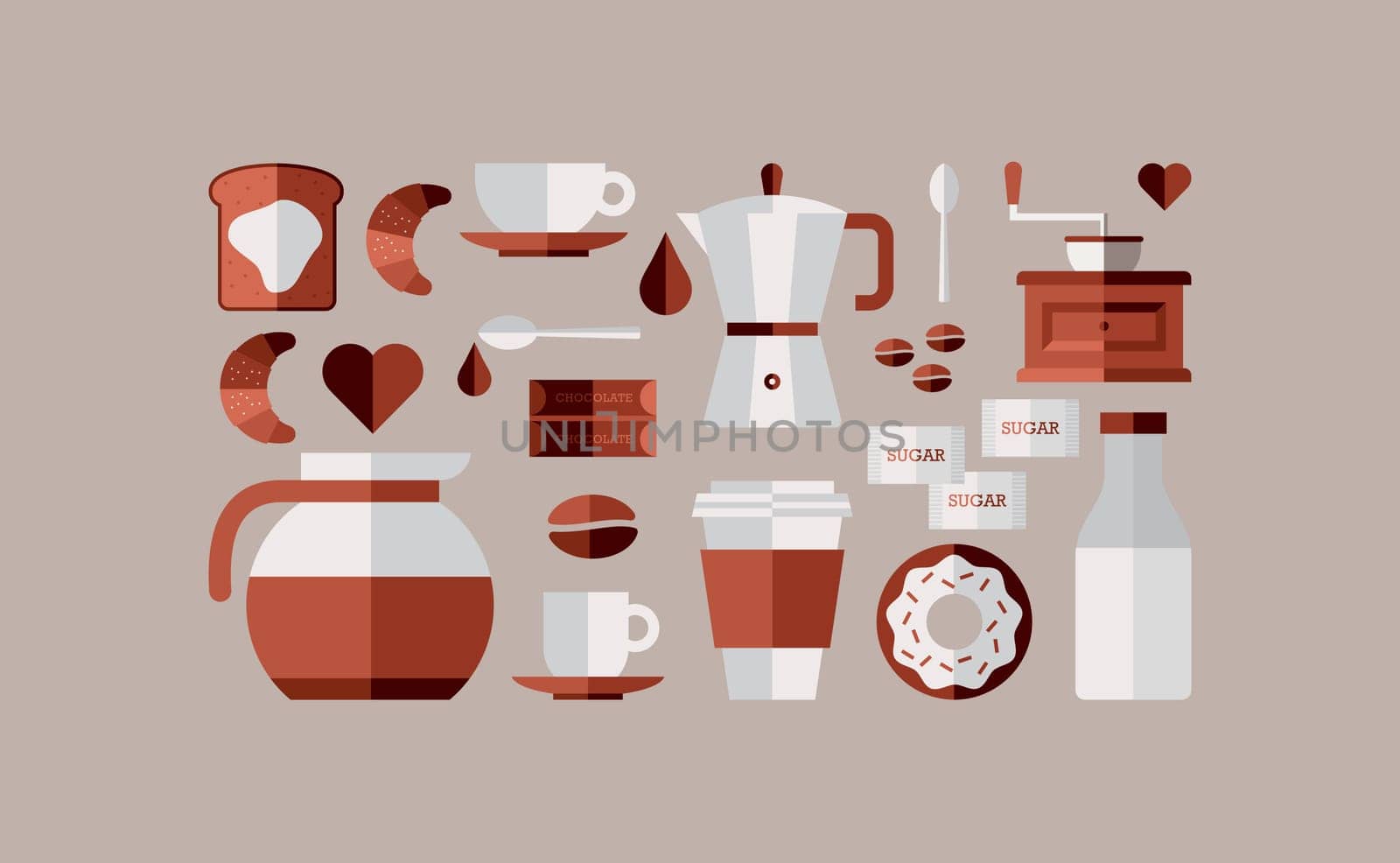 Colorful coffee breakfast icon set over beige background. Vector file layered for easy manipulation and custom coloring.