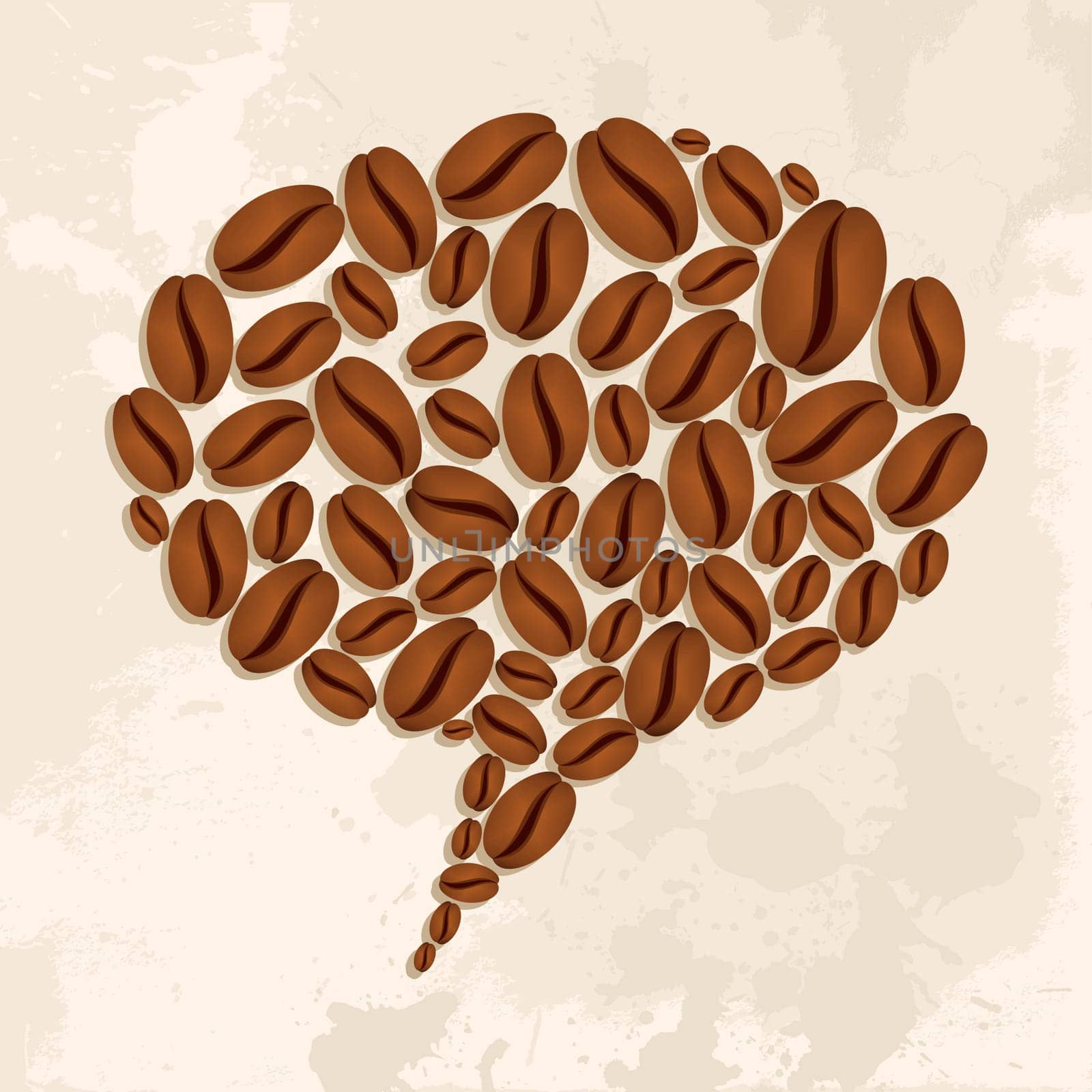 Bubble chat shape made ​​of coffee beans over textured background. Vector file layered for easy manipulation and custom coloring.