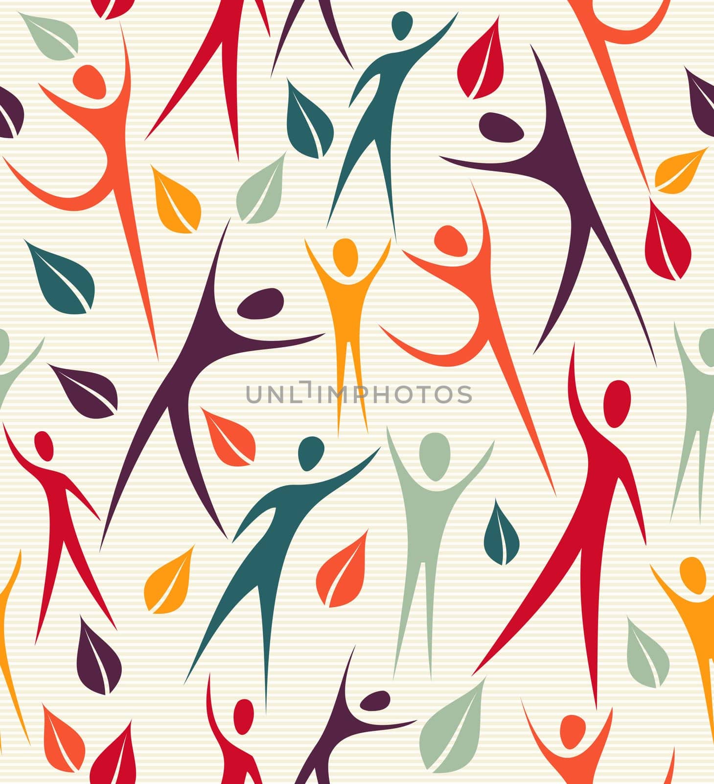 trendy human shapes seamless pattern colorful leaves. Vector file layered for easy manipulation and custom coloring.