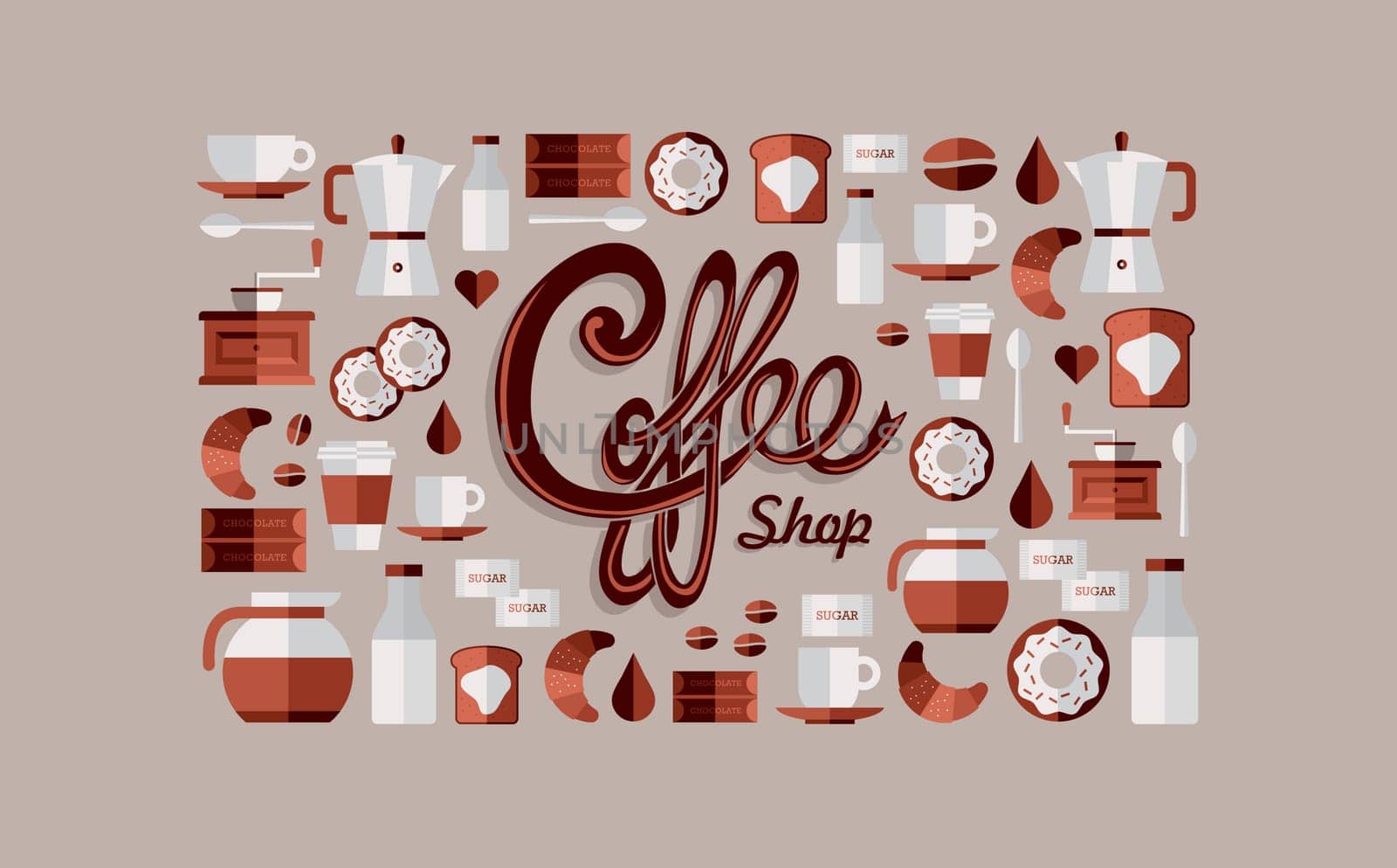 Colorful coffee shop icon over beige background set. Vector file layered for easy manipulation and custom coloring.