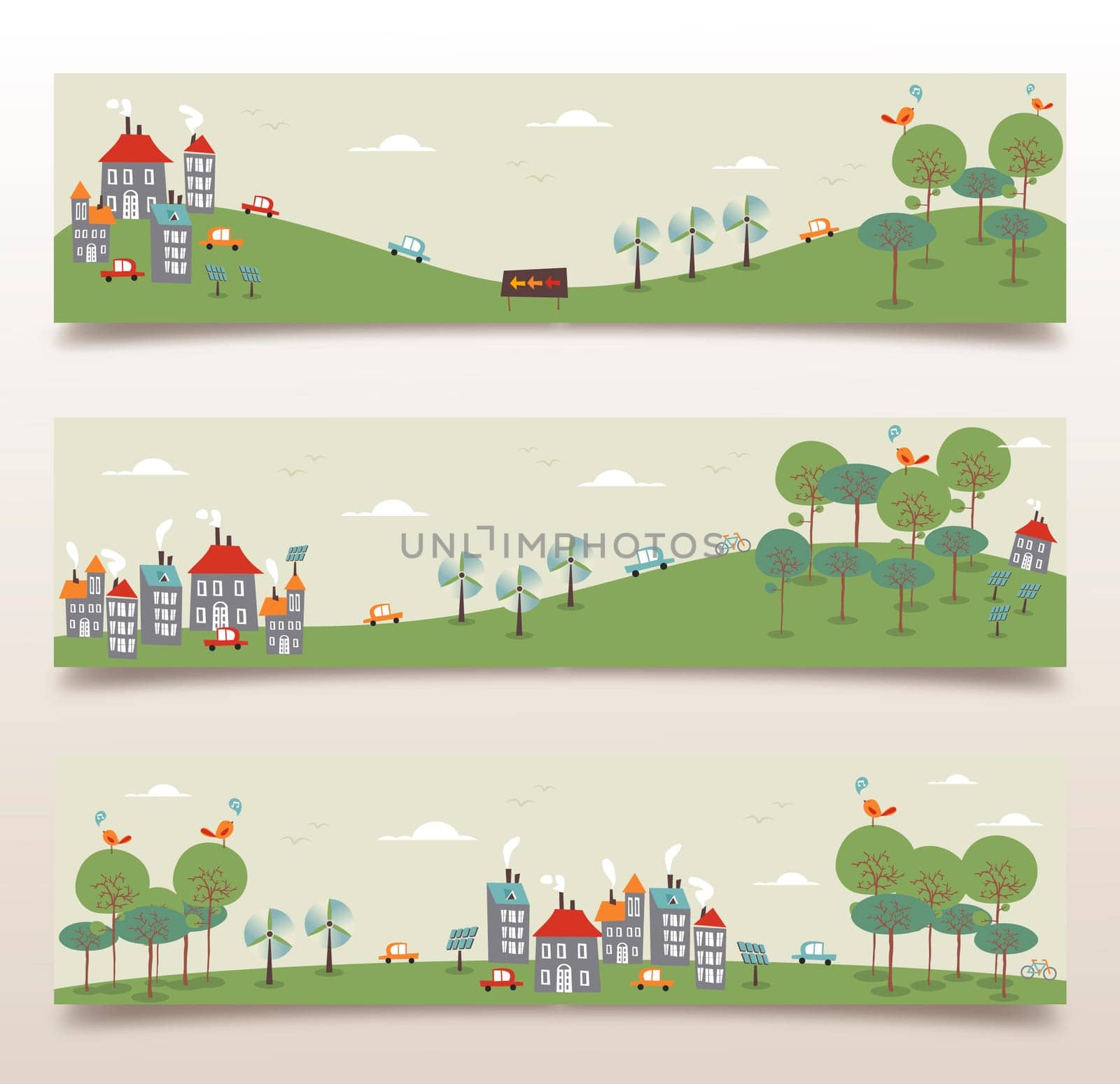 Ecology city and forest idea banner set. Vector illustration layered for easy manipulation and custom coloring.