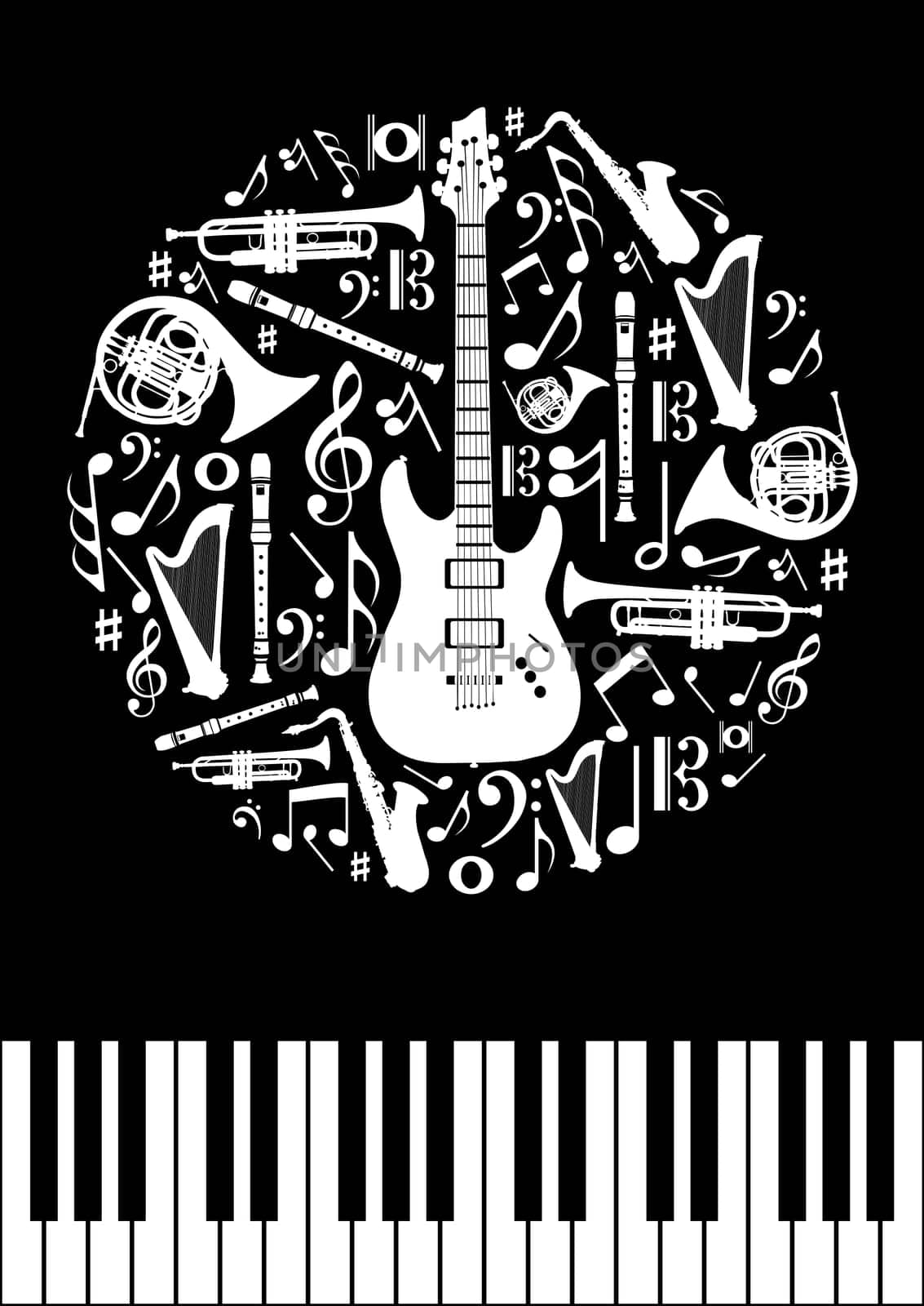 Music concept circle shape with instrument silhouettes  in black background. Vector illustration layered for easy manipulation and custom coloring.