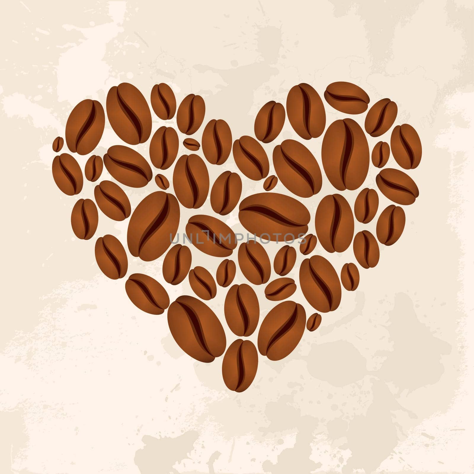 Herat shape made ​​of coffee beans over textured background. Vector file layered for easy manipulation and custom coloring.