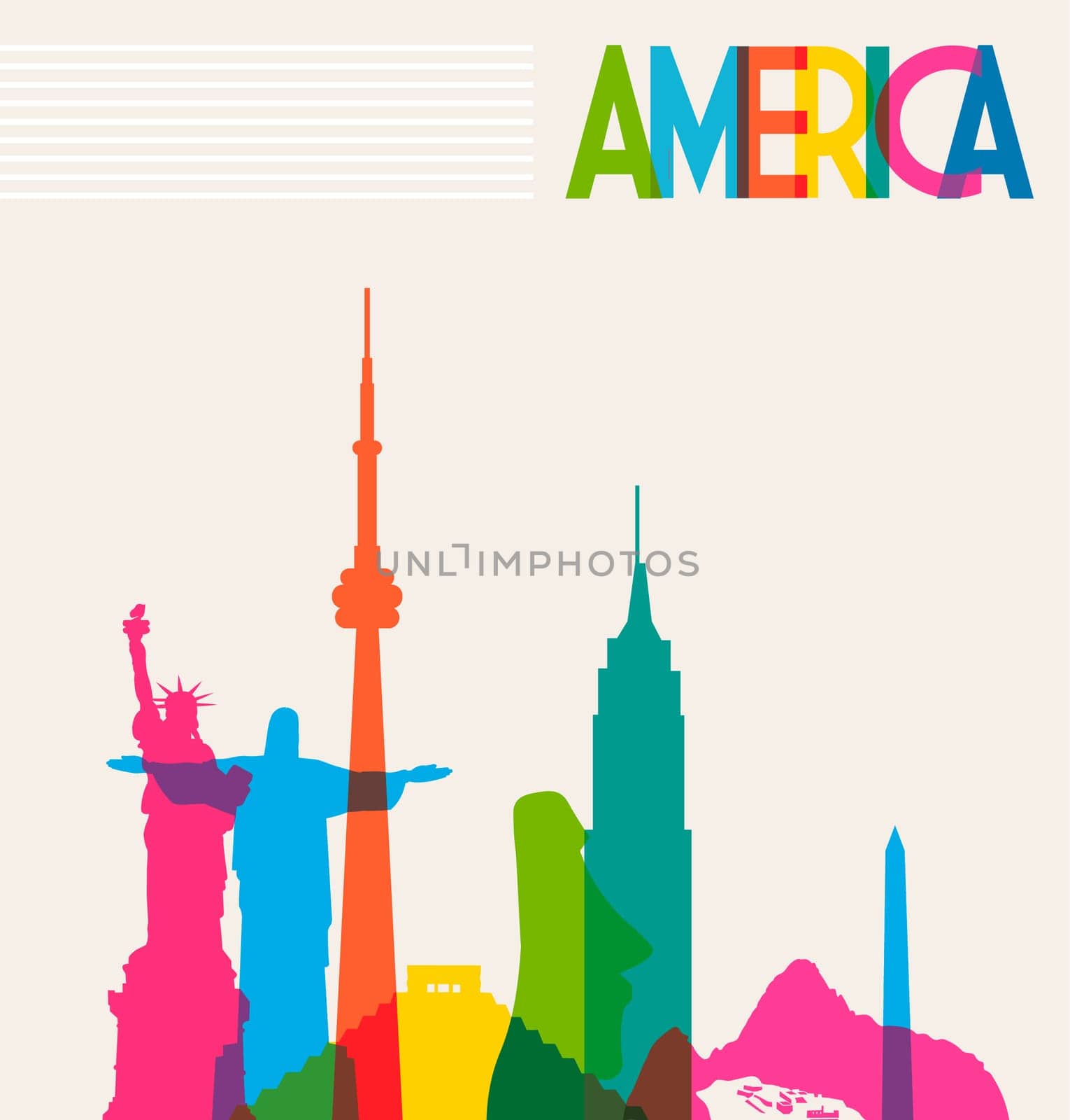 Diversity monuments of America, famous skyline colors transparency. Vector illustration layered for easy manipulation and custom coloring.