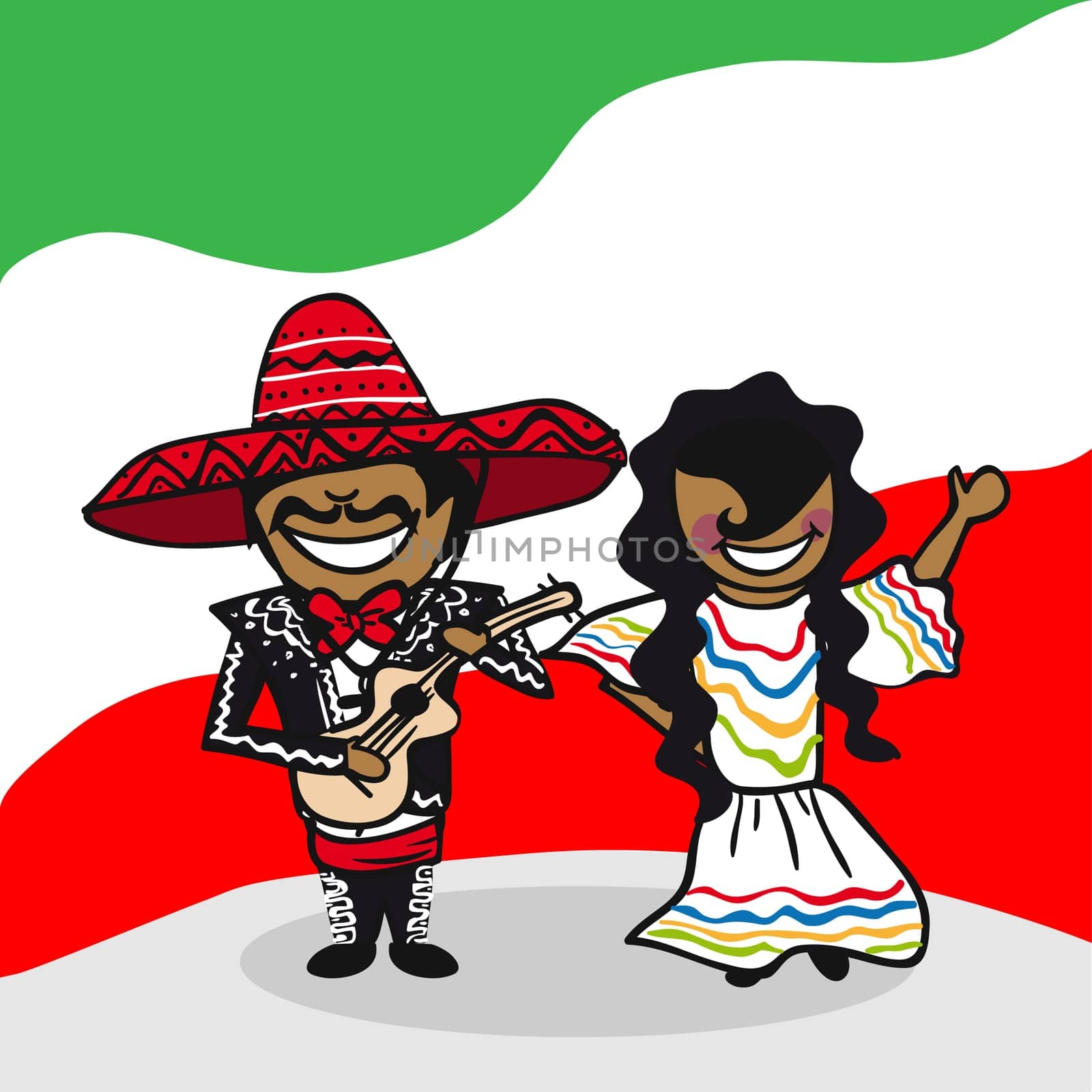 Mexican man and woman cartoon couple with national flag background. Vector illustration layered for easy editing.