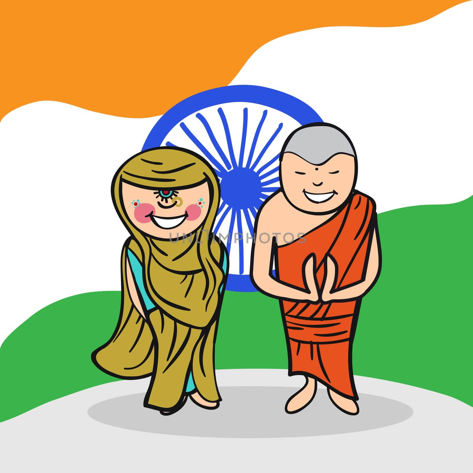 Indian man and woman cartoon couple with national flag background. Vector illustration layered for easy editing.