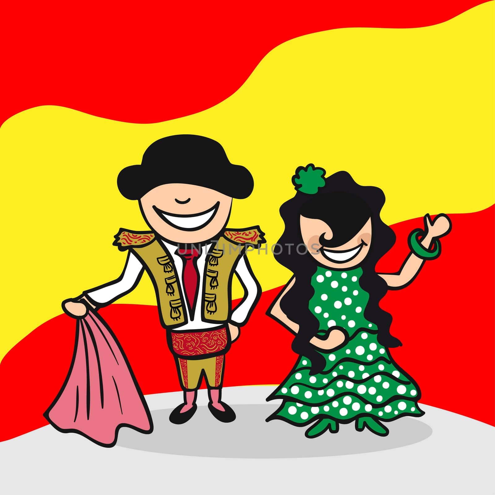 Spanish man and woman cartoon couple with national flag background. Vector illustration layered for easy editing.