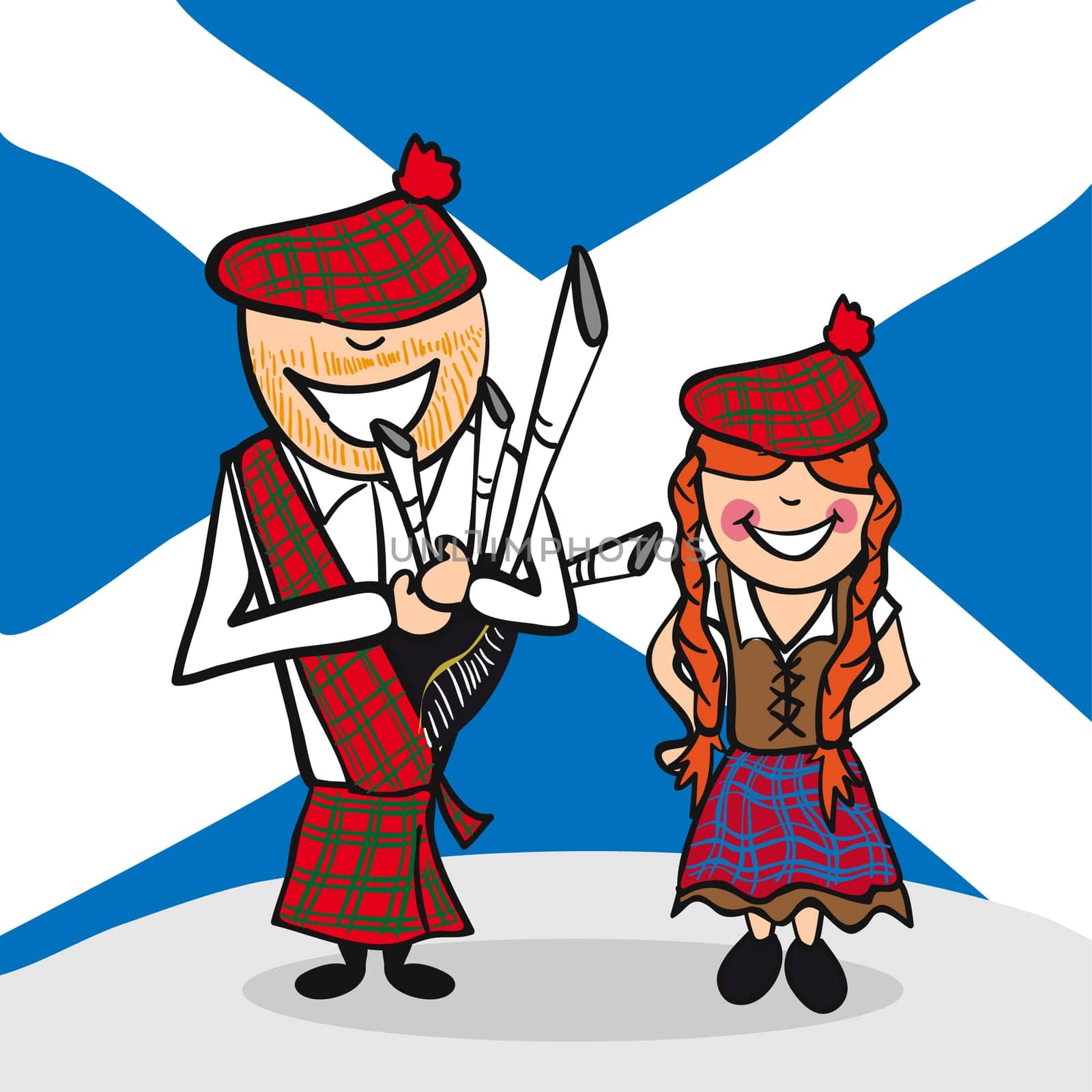 Scottish man and woman cartoon couple with national flag background. Vector illustration layered for easy editing.