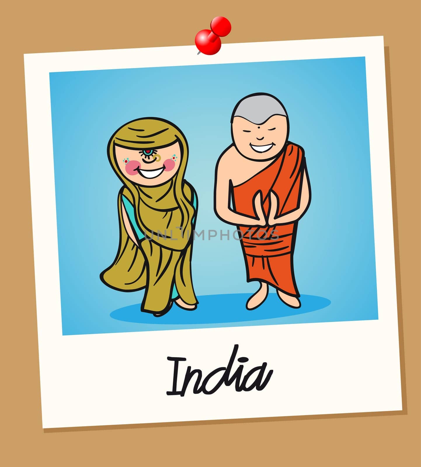 Indian man and woman cartoon couple in vintage instant photo frame. Vector illustration layered for easy editing.