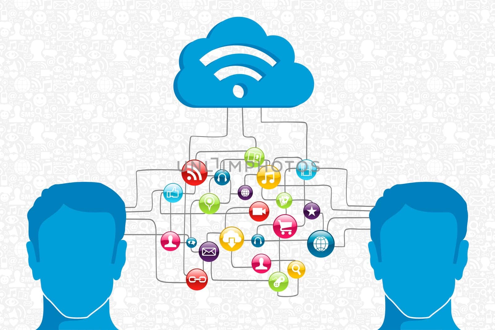 Cloud computing network men interaction diagram. Vector illustration layered for easy manipulation and custom coloring.