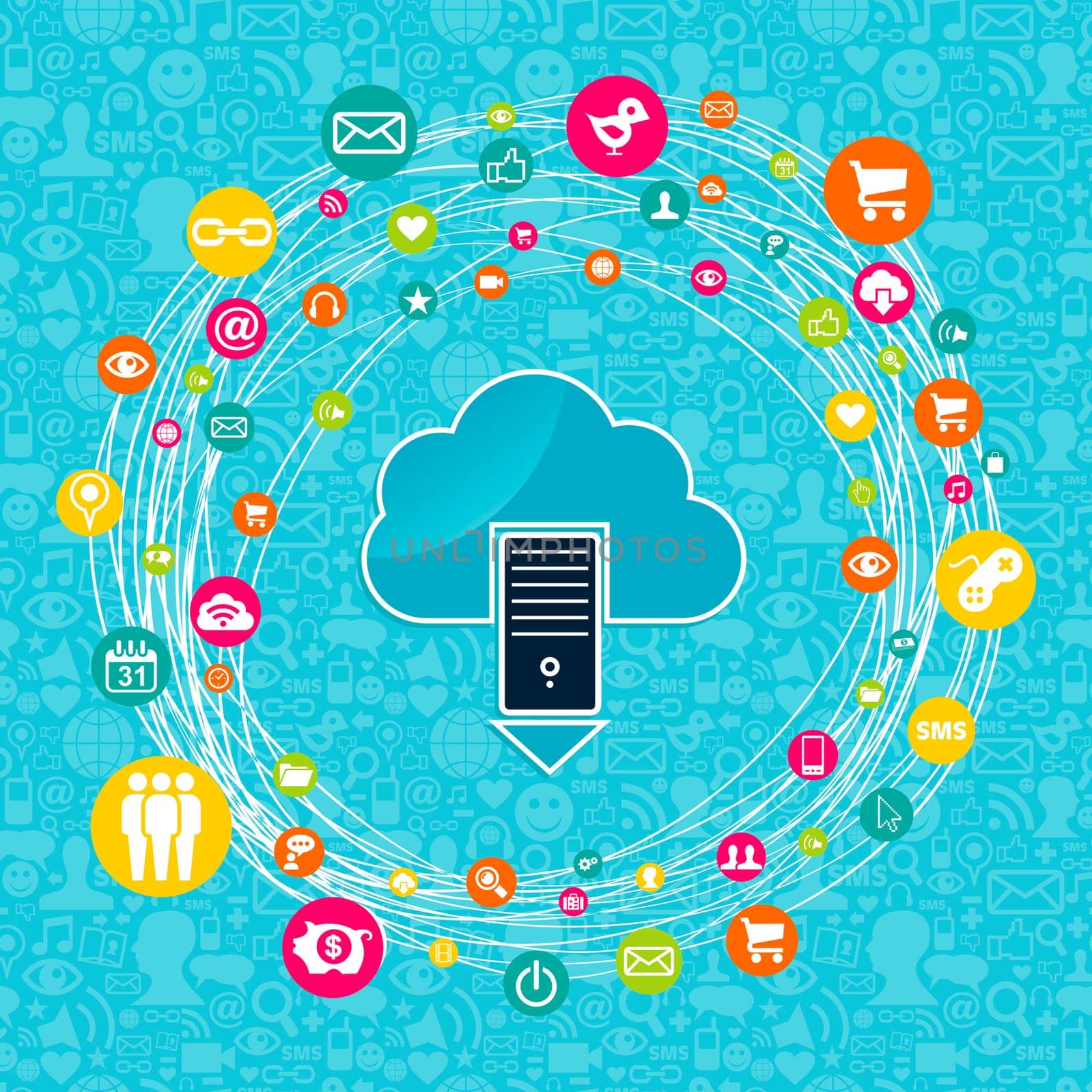 Cloud computing networks server diagram concept. Vector illustration layered for easy manipulation and custom coloring.