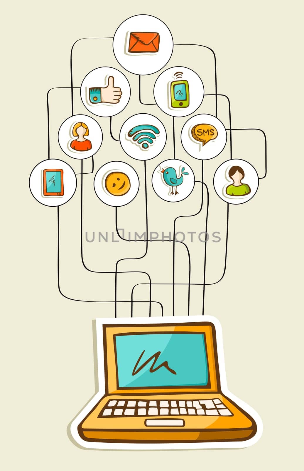 Emailing diagram with notebook in hand drawn sketch style. Vector illustration layered for easy manipulation and custom coloring.
