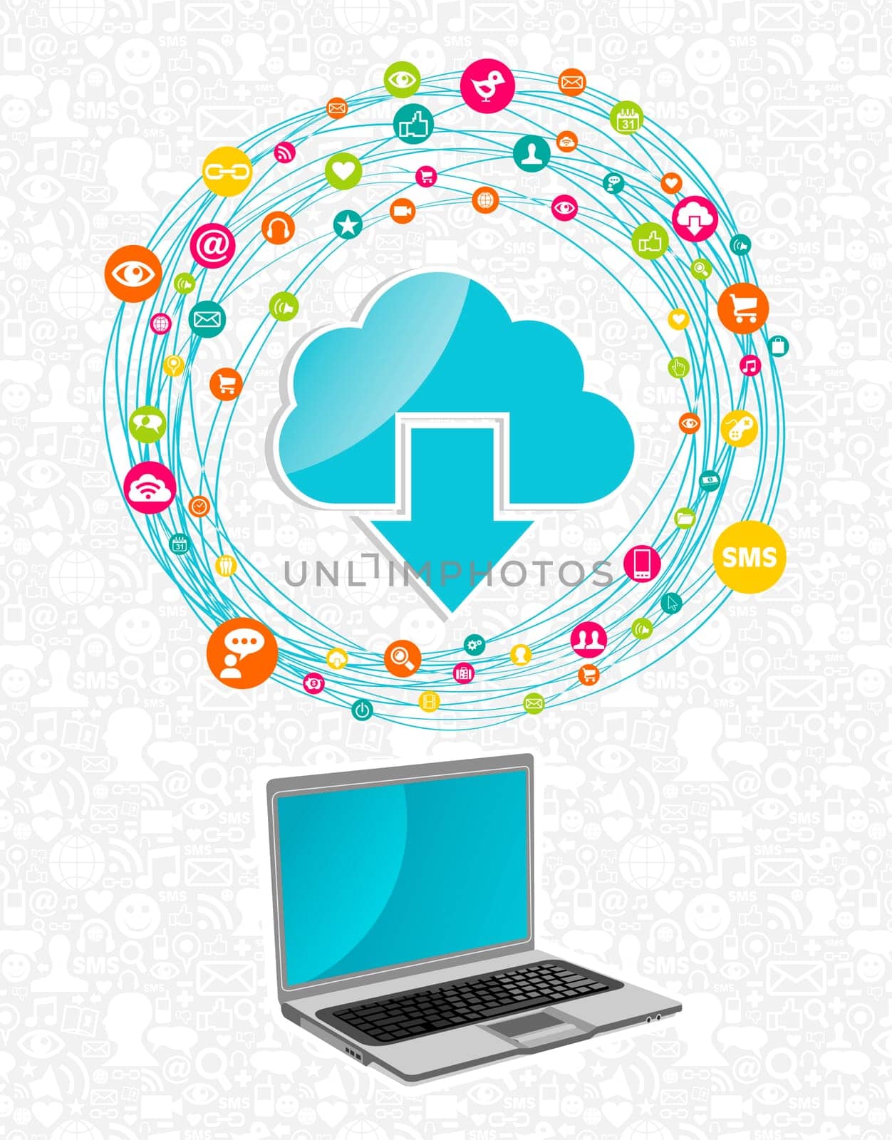 Cloud computing network diagram with notebook. Vector illustration layered for easy manipulation and custom coloring.
