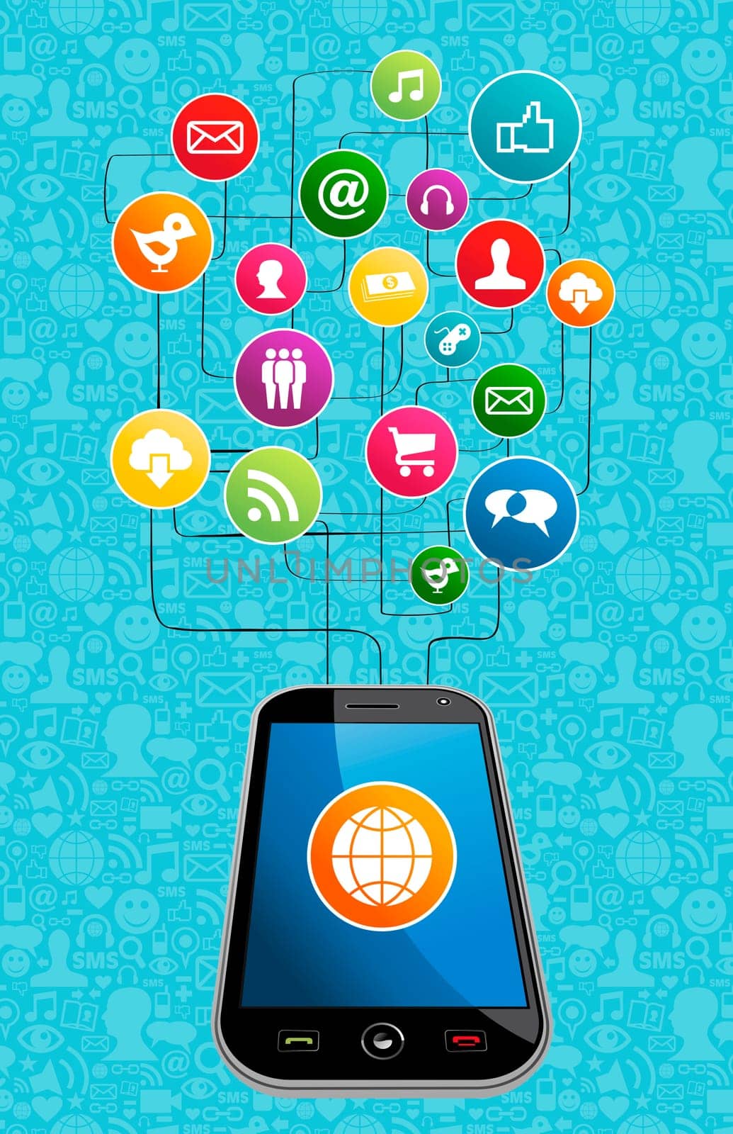 Worlwide social media network icon set diagram with smart phone. Vector illustration layered for easy manipulation and custom coloring.