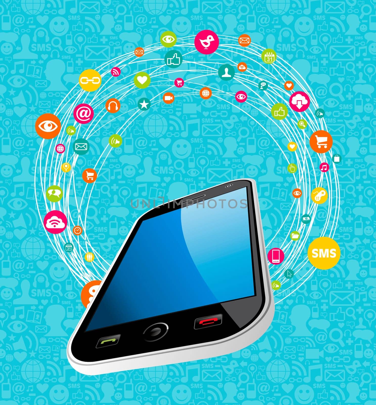 Social media network icon set diagram with smartphone. Vector illustration layered for easy manipulation and custom coloring.