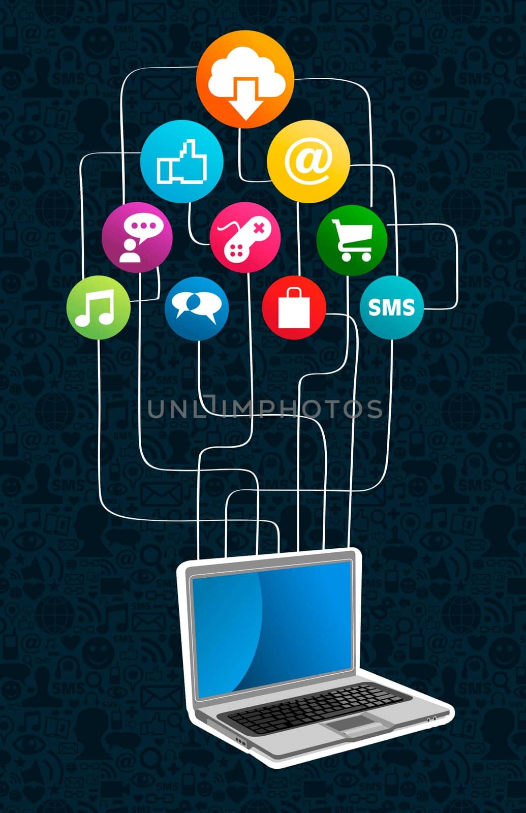 Cloud computing network laptop icon set diagram. Vector illustration layered for easy manipulation and custom coloring.