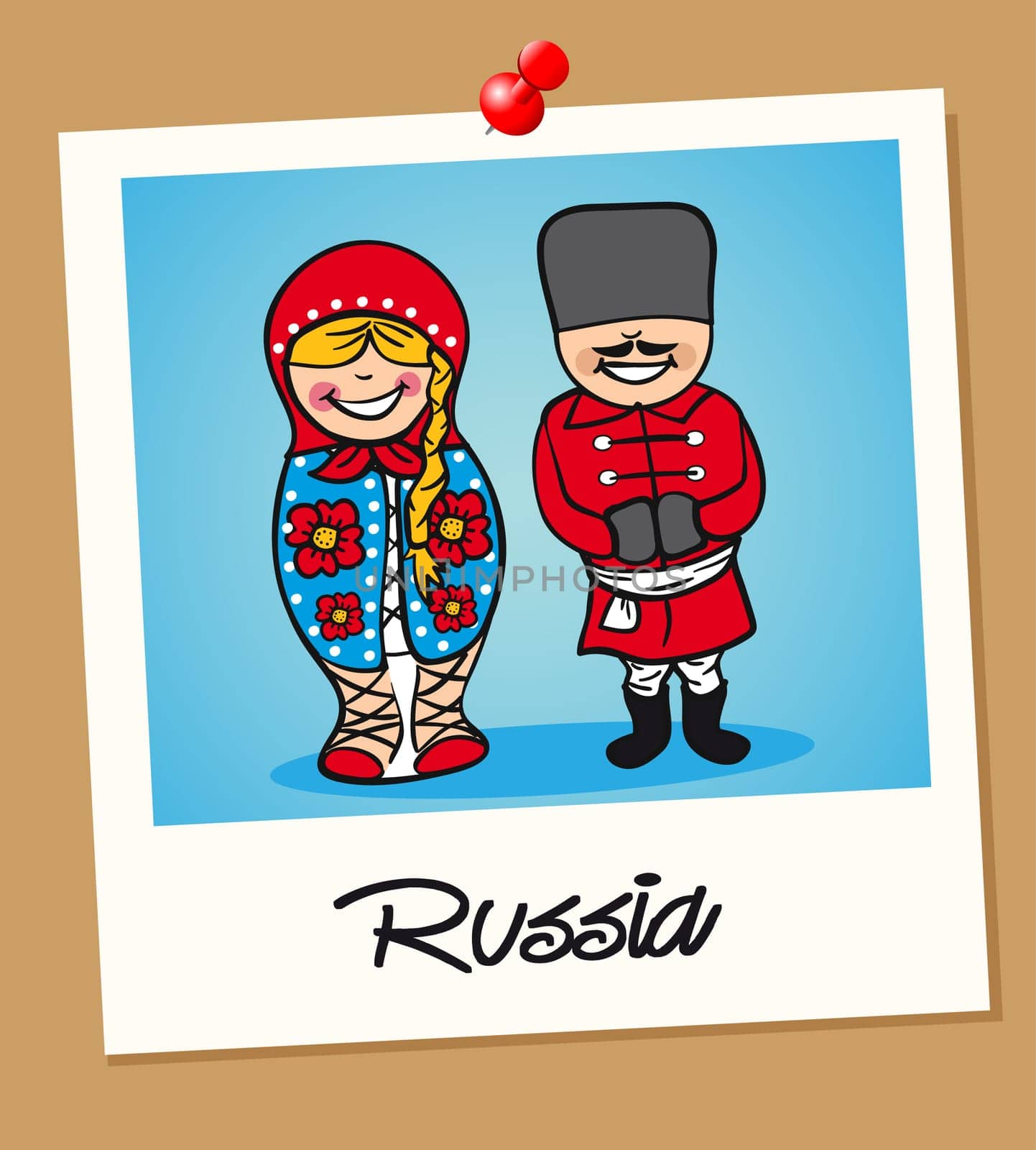 Russian man and woman cartoon couple in vintage instant photo frame. Vector illustration layered for easy editing.