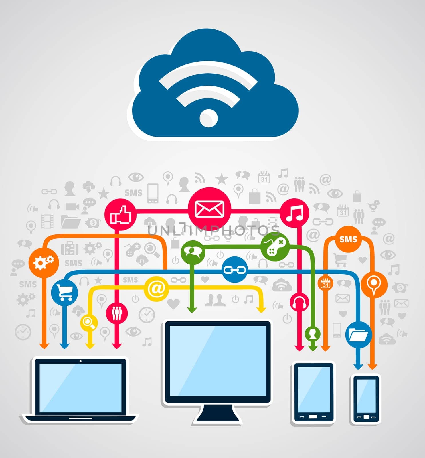 Cloud computing network diagram. Vector illustration layered for easy manipulation and custom coloring.